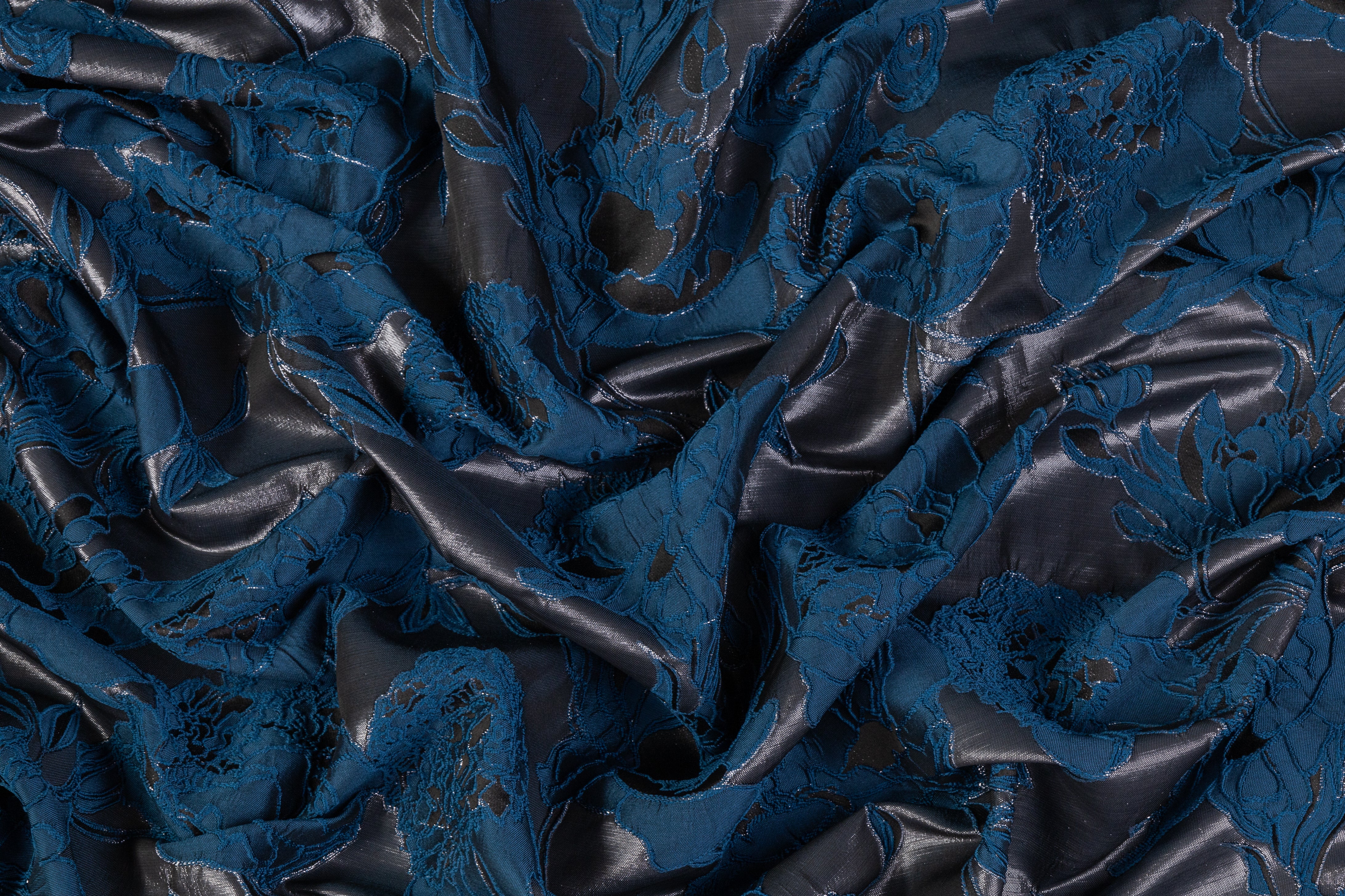 Floral Metallic Cloqué Brocade - Gray / Blue