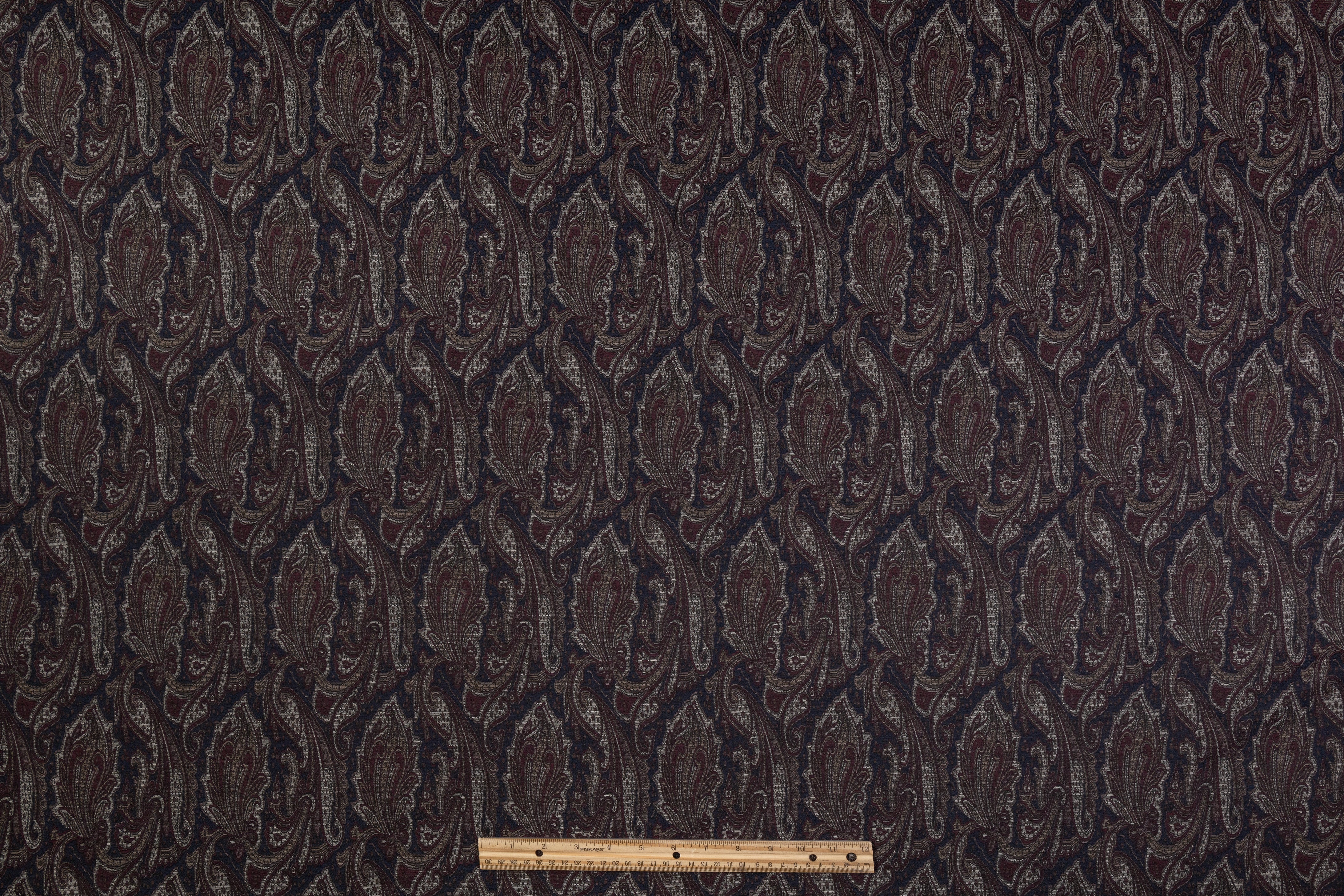 Paisley Stretch Brocade - Navy / Burgundy
