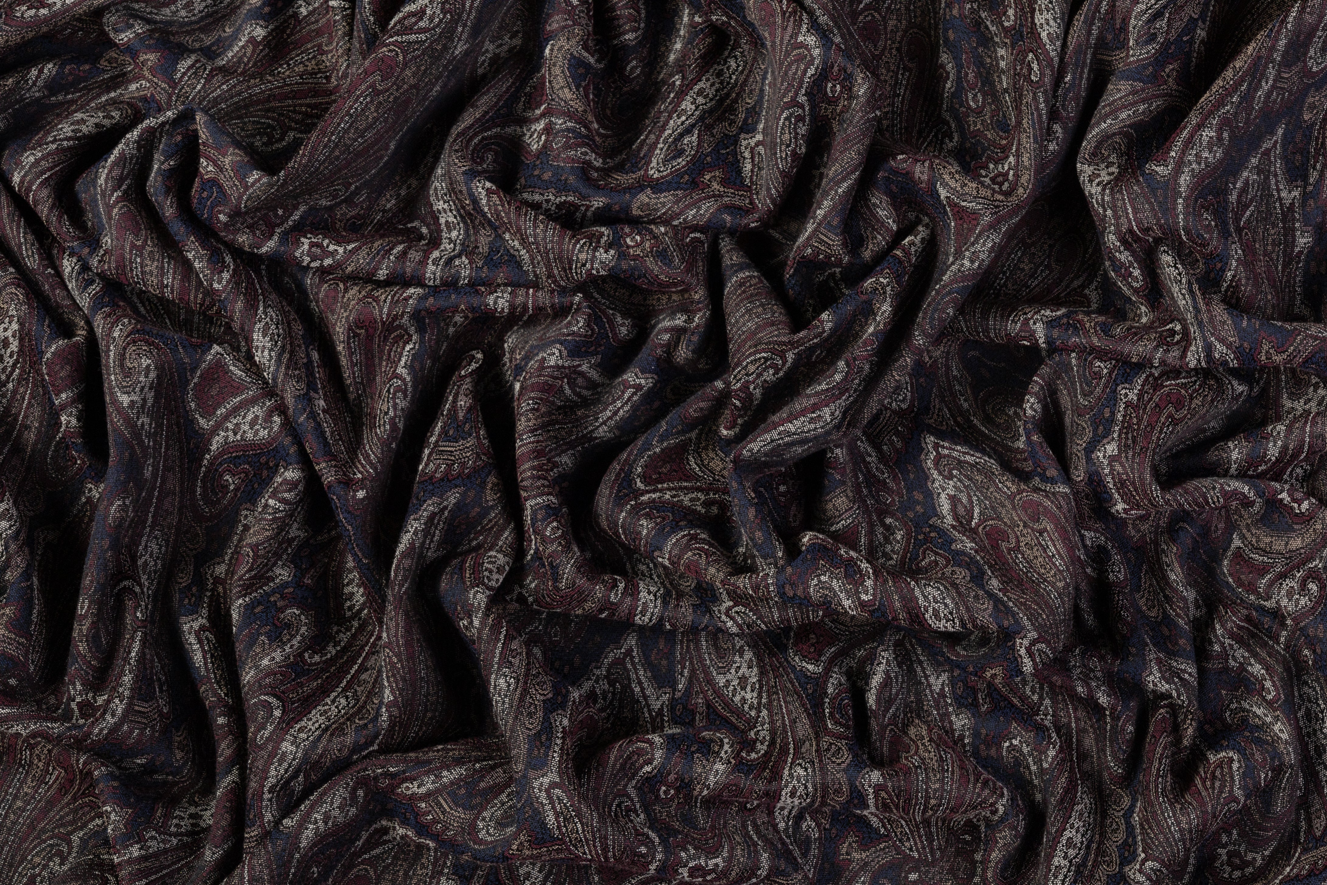 Paisley Stretch Brocade - Navy / Burgundy