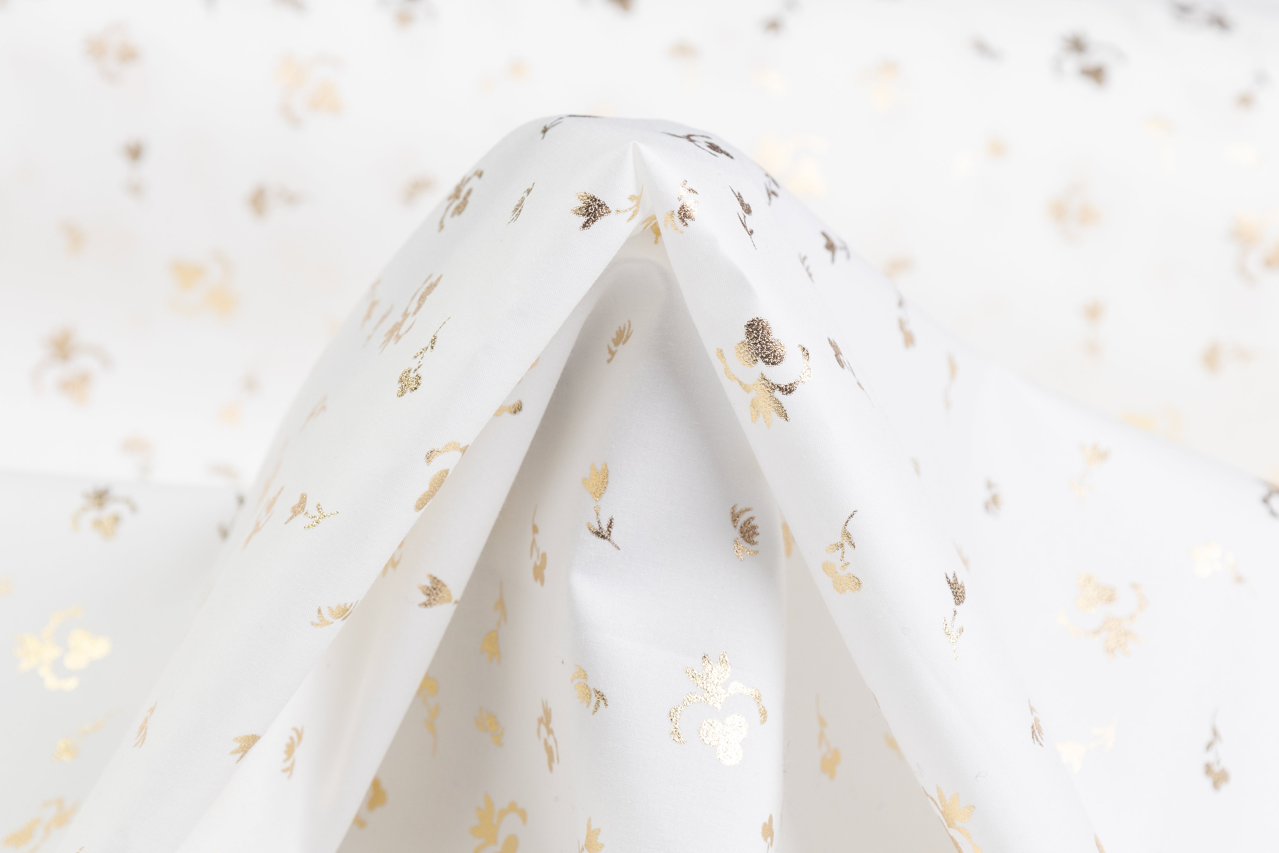 Floral Laminated Cotton Shirting - White / Gold