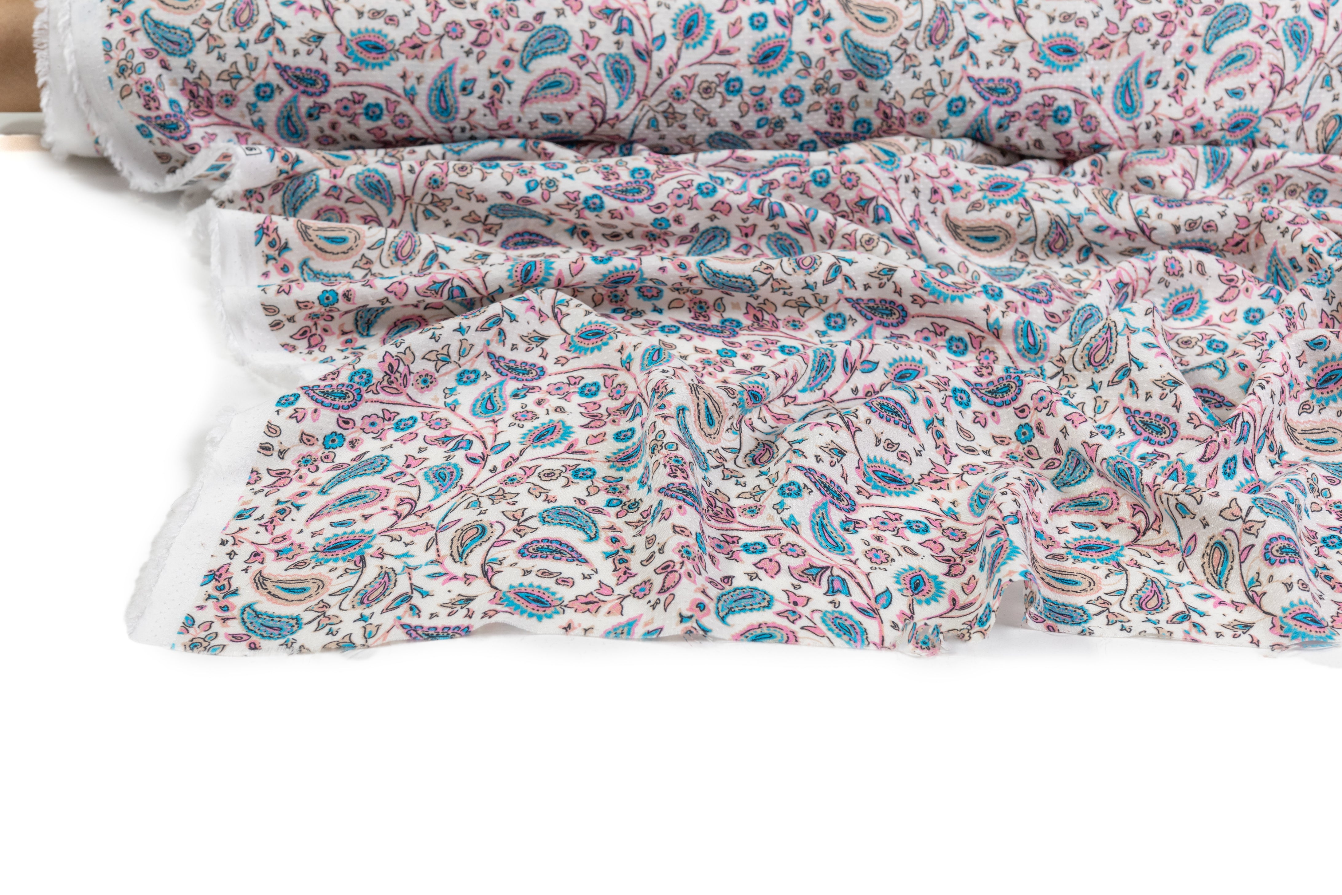 Textured Paisley Italian Viscose Challis - White / Blue / Pink