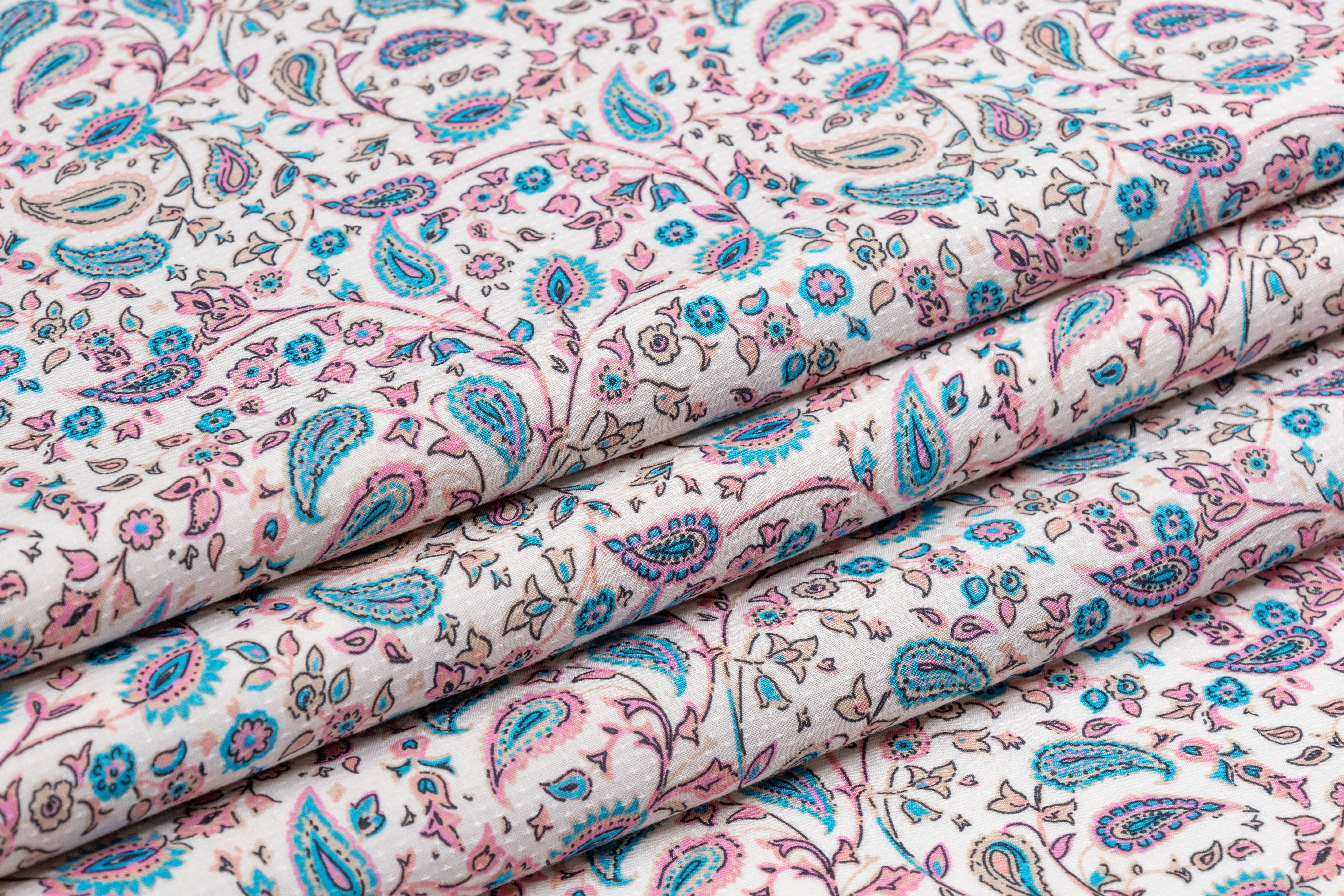 Textured Paisley Italian Viscose Challis - White / Blue / Pink