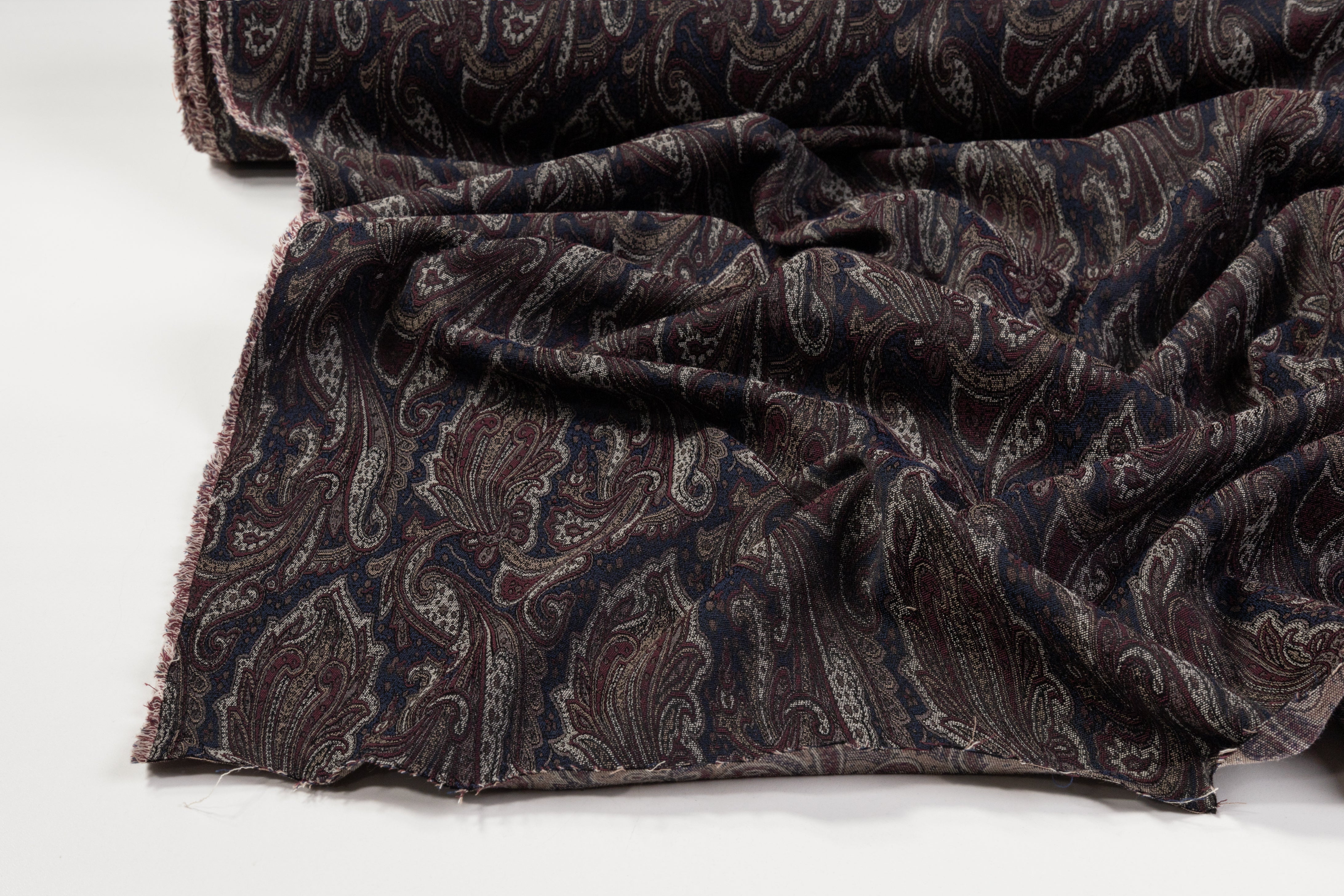 Paisley Stretch Brocade - Navy / Burgundy
