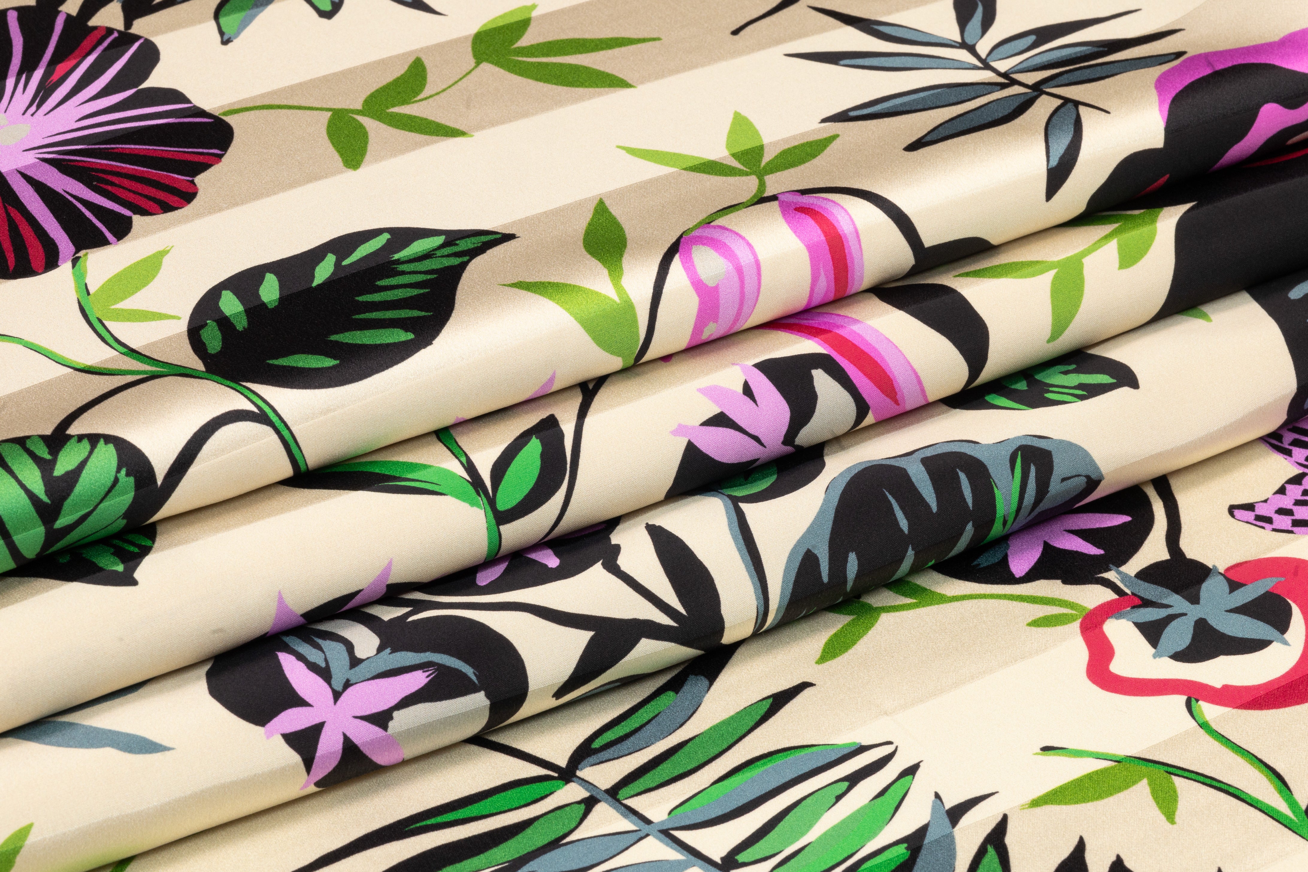 Luigi Verga - Floral Printed Italian Striped Silk Jacquard - Ivory