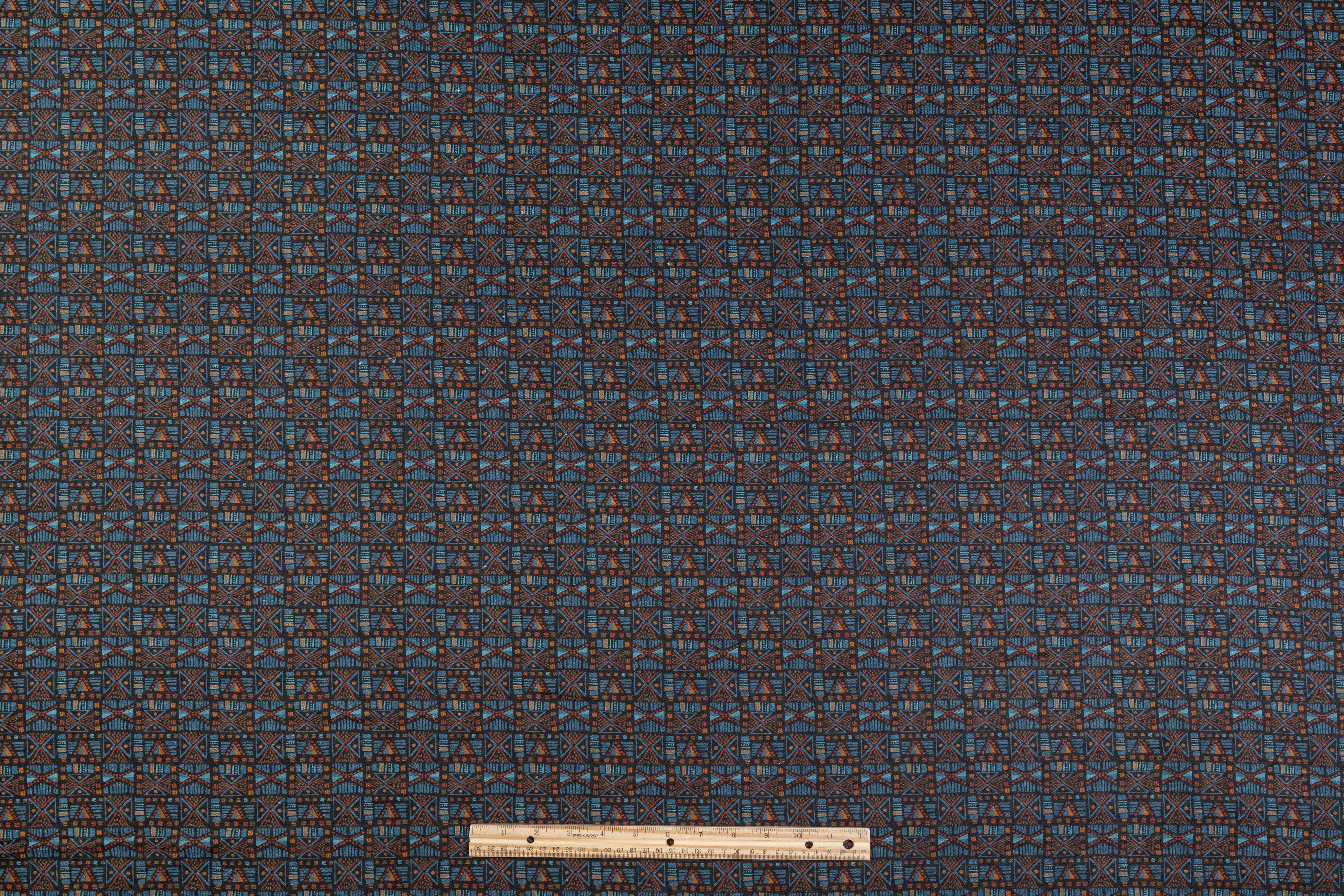 Geometric Italian Linen Viscose Blend - Rust / Blue
