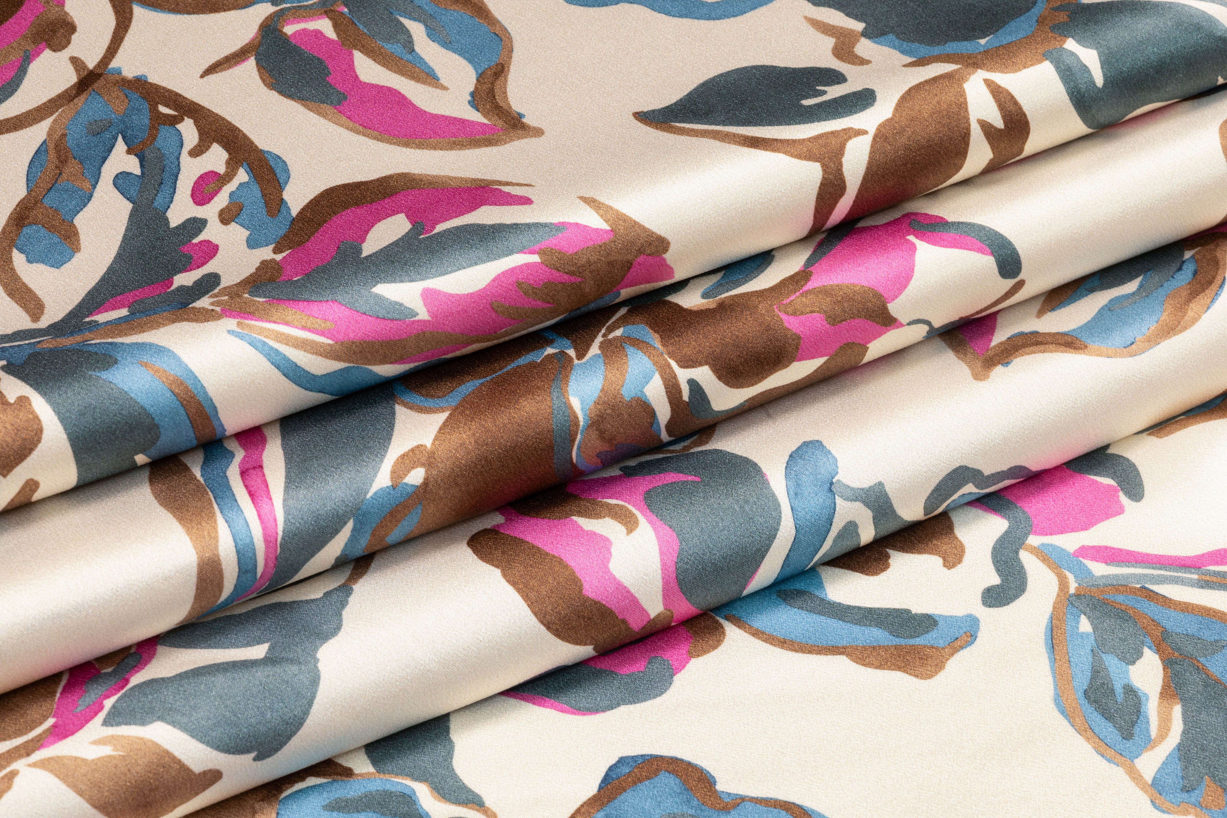 Luigi Verga - Floral Italian Silk Crepe Back Satin - Beige / Blue / Pink