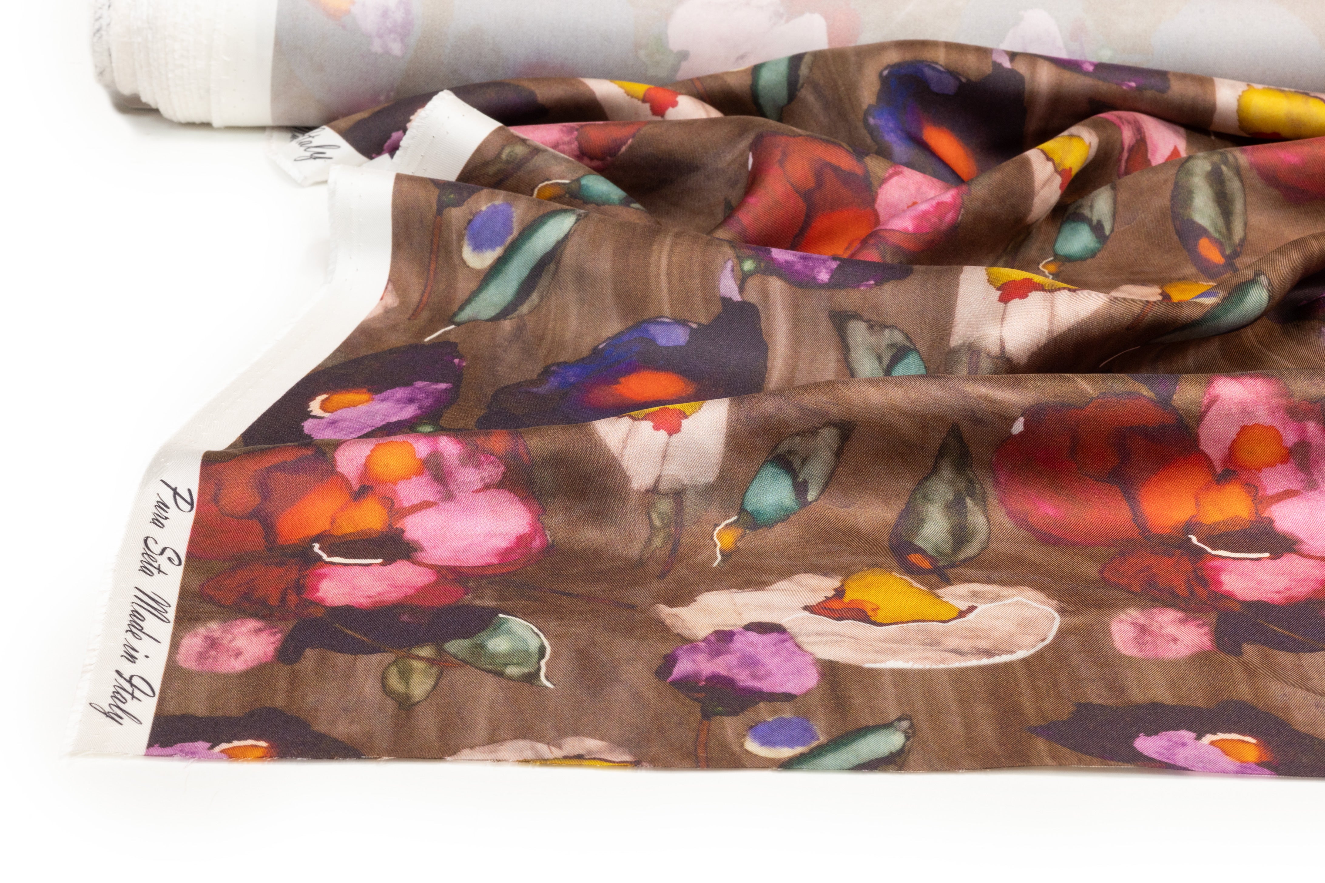 Floral Italian Silk Twill - Brown
