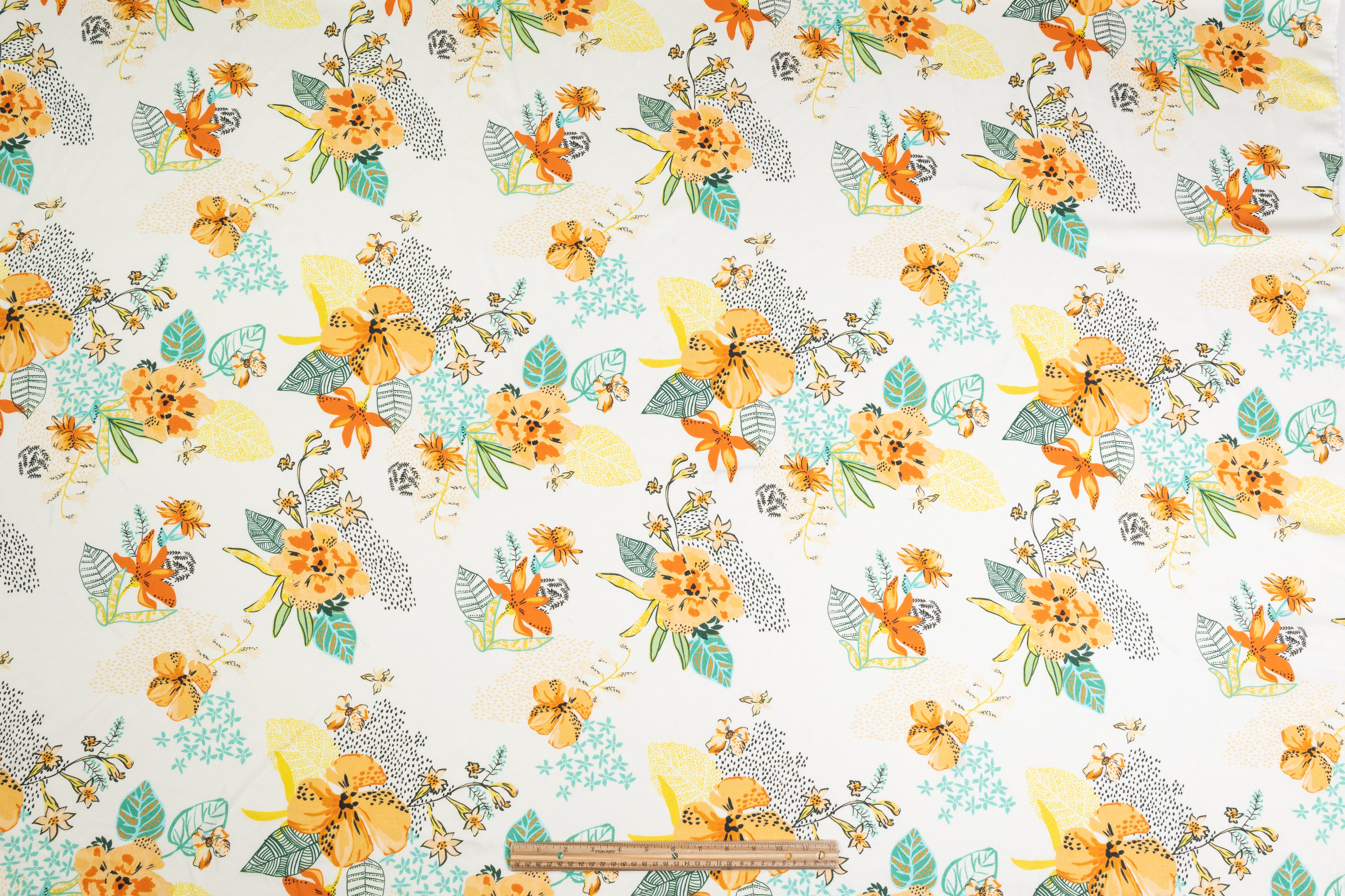 Floral Italian Linen Viscose Blend - White / Orange / Yellow / Green