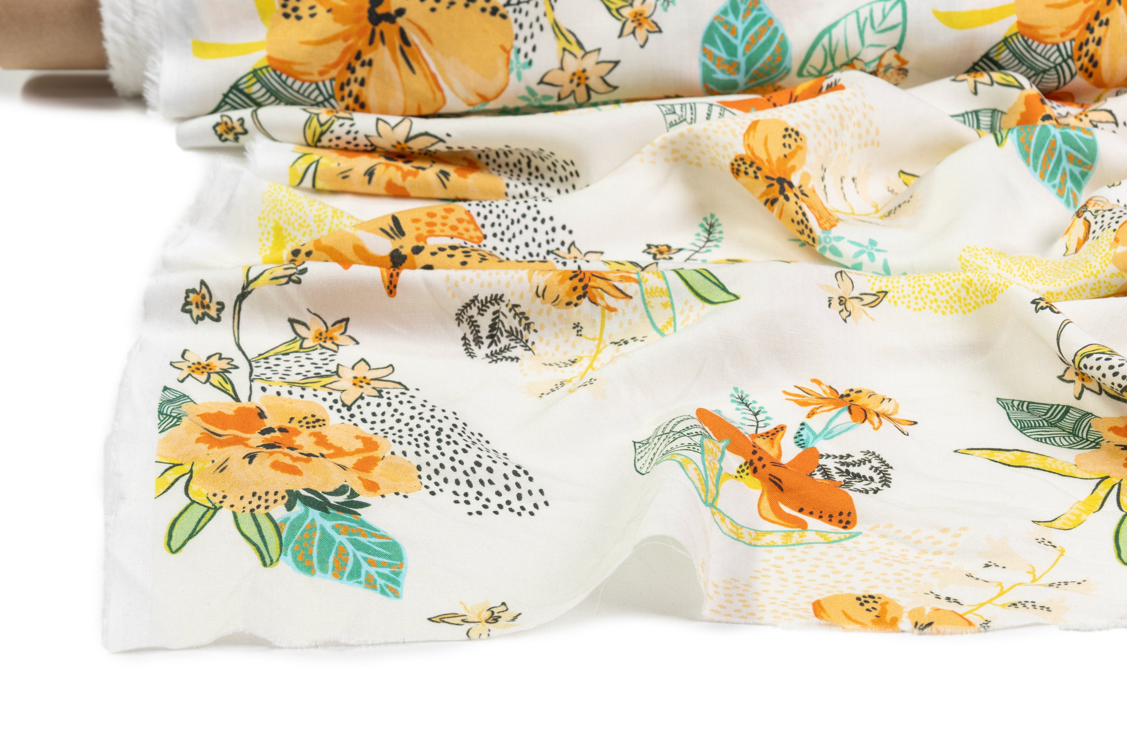 Floral Italian Linen Viscose Blend - White / Orange / Yellow / Green
