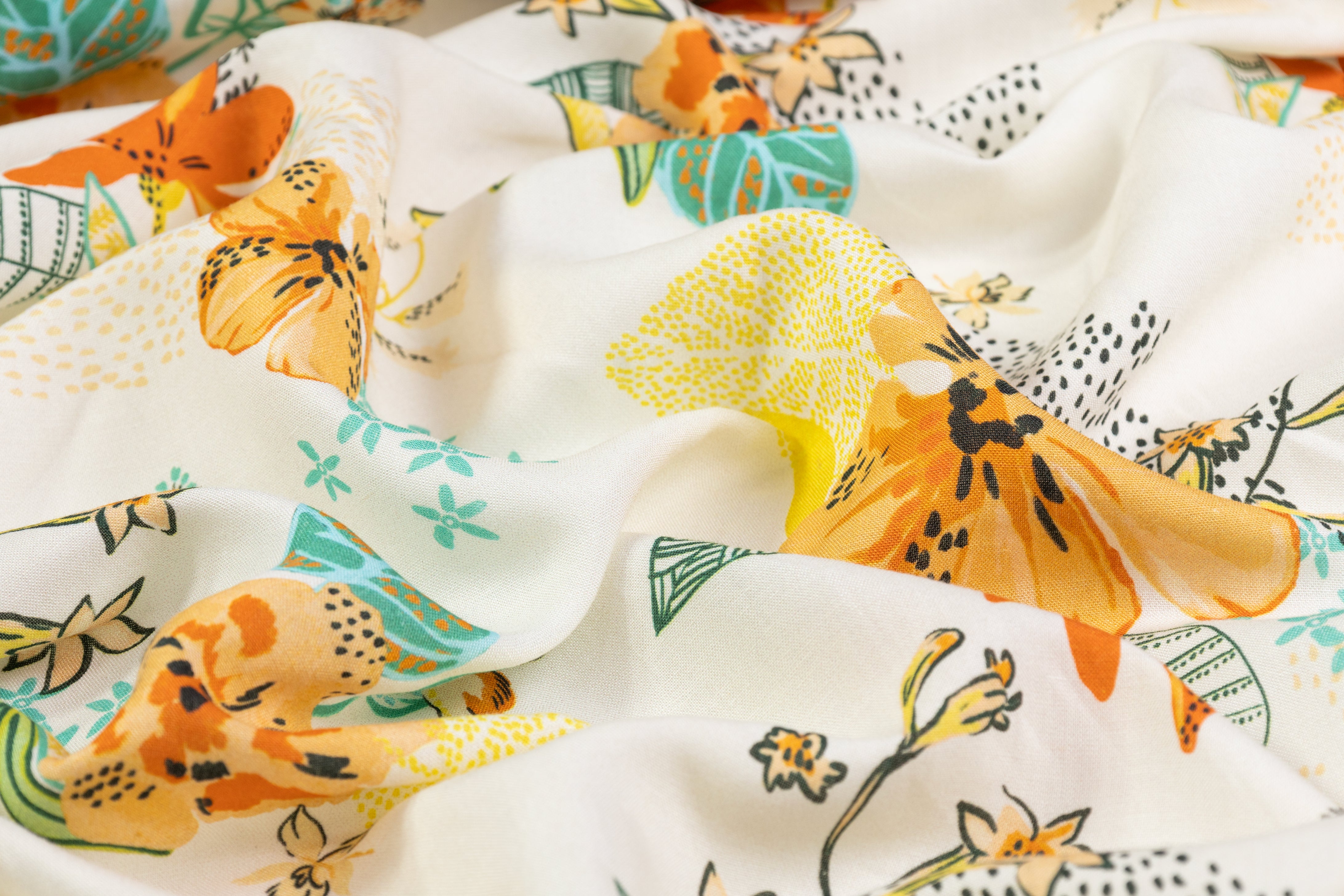 Floral Italian Linen Viscose Blend - White / Orange / Yellow / Green