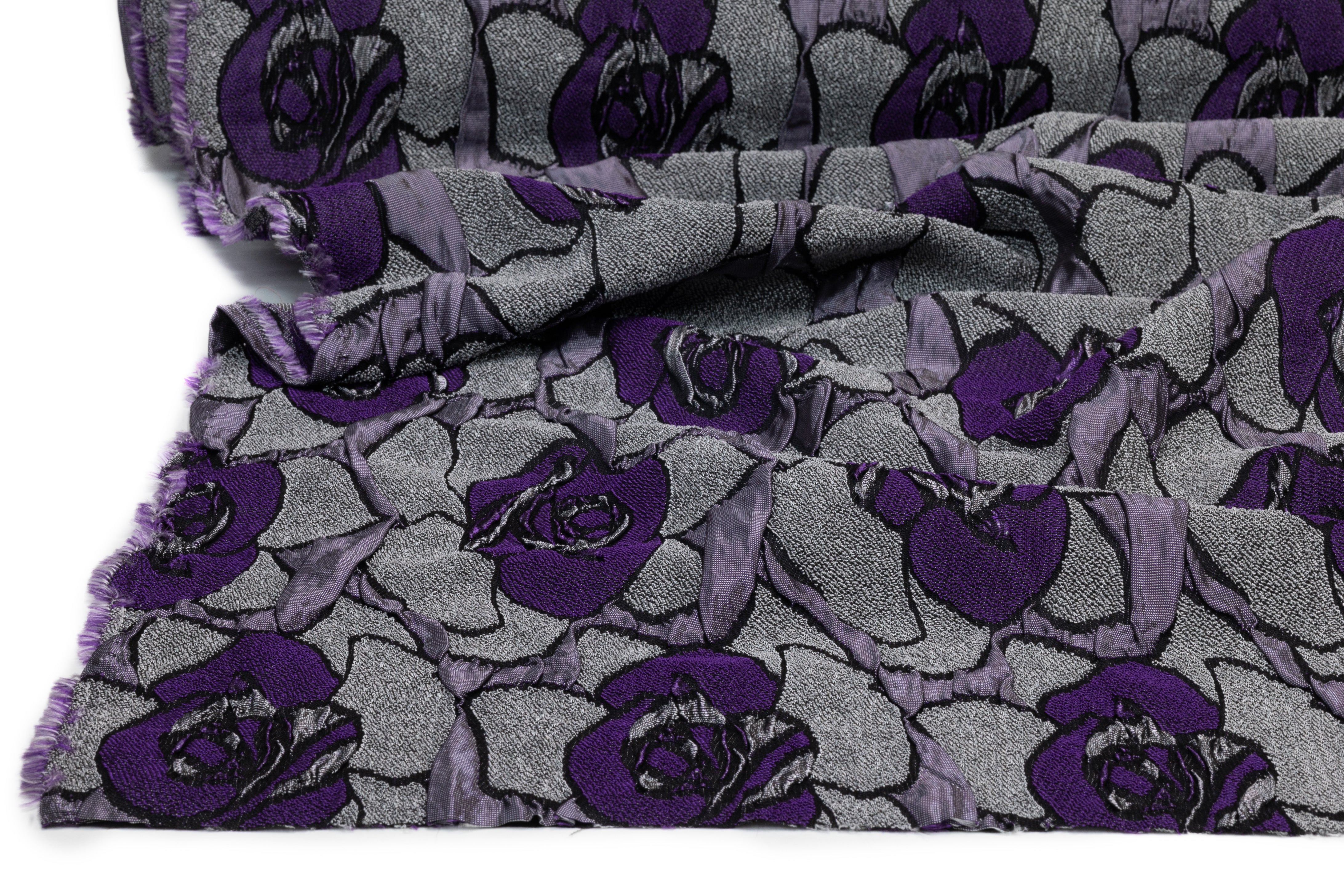 Floral Crushed Italian Stretch Brocade - Purple / Gray