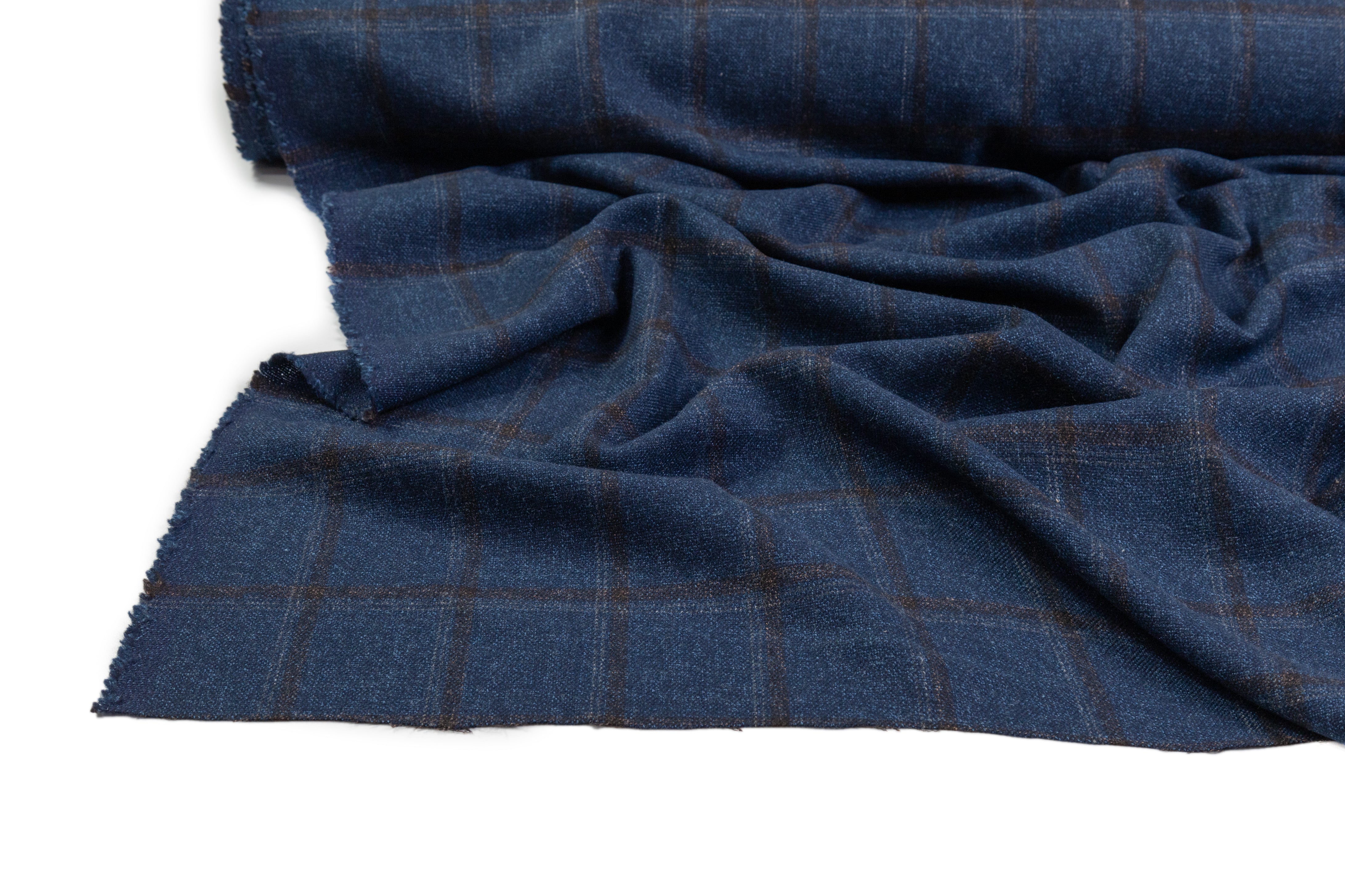 Vitale Barberis Canonico - Checked Italian Silk Wool Linen Suiting - Blue / Brown