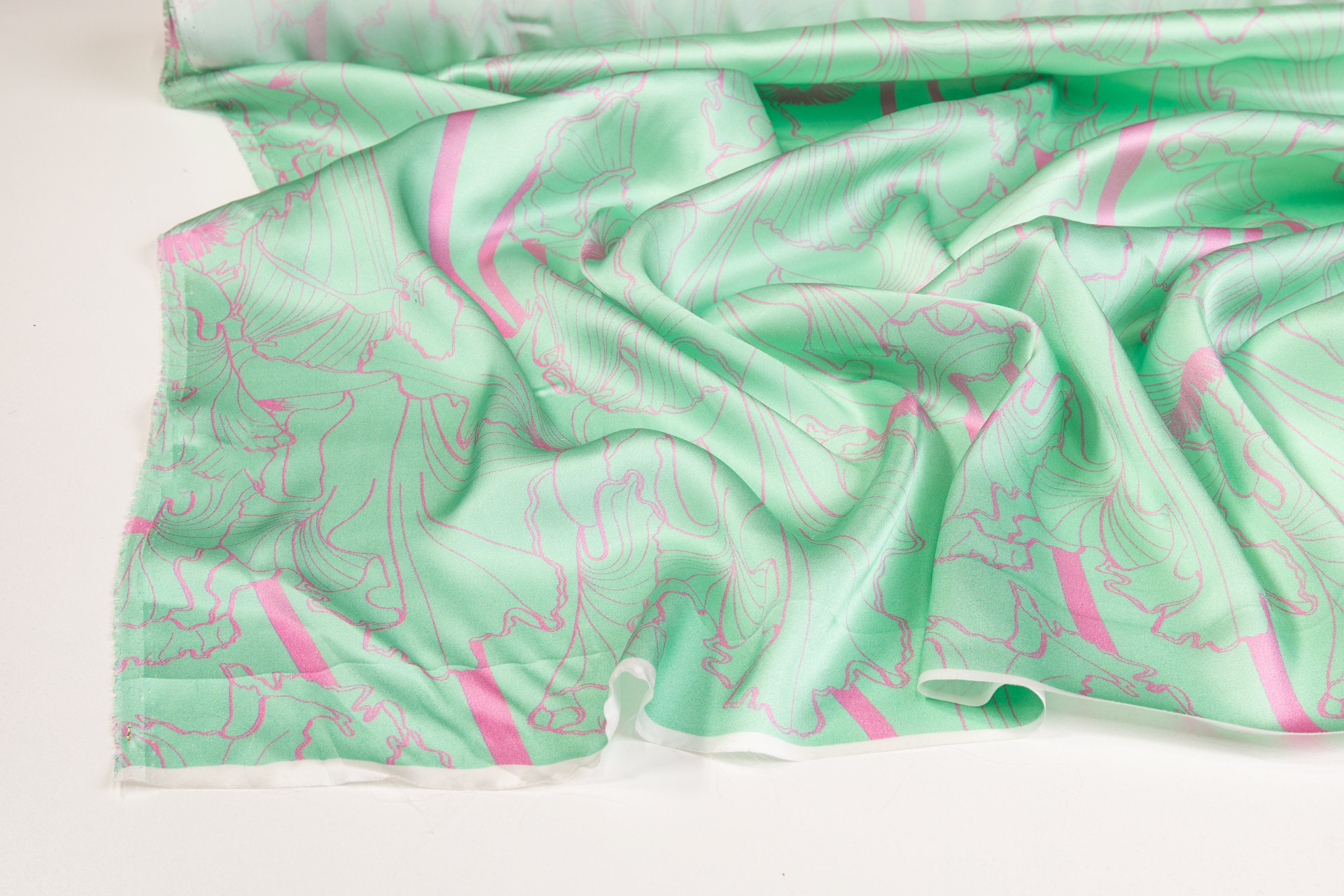 Abstract Italian Silk Charmeuse - Mint Green and Pink