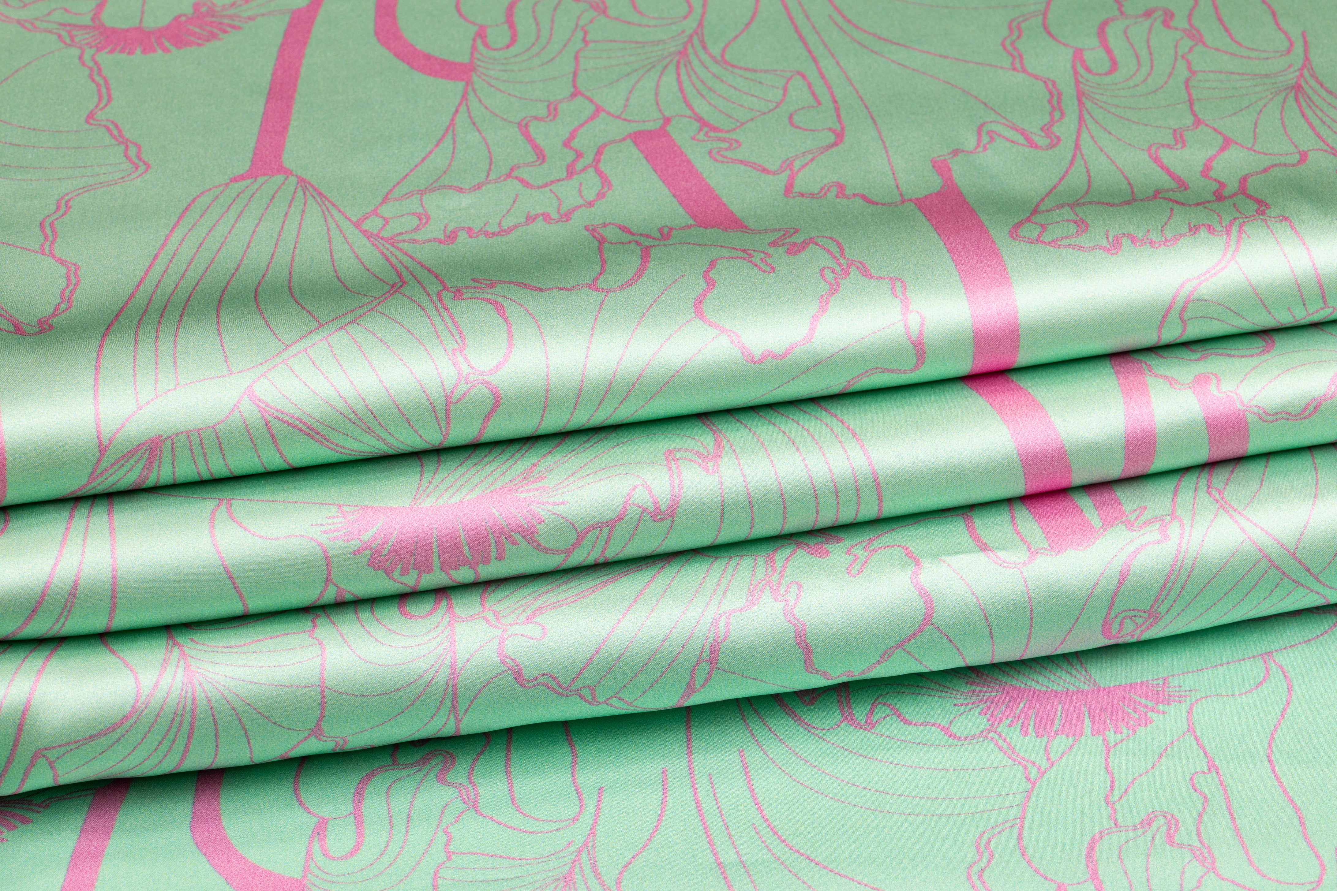 Abstract Italian Silk Charmeuse - Mint Green and Pink