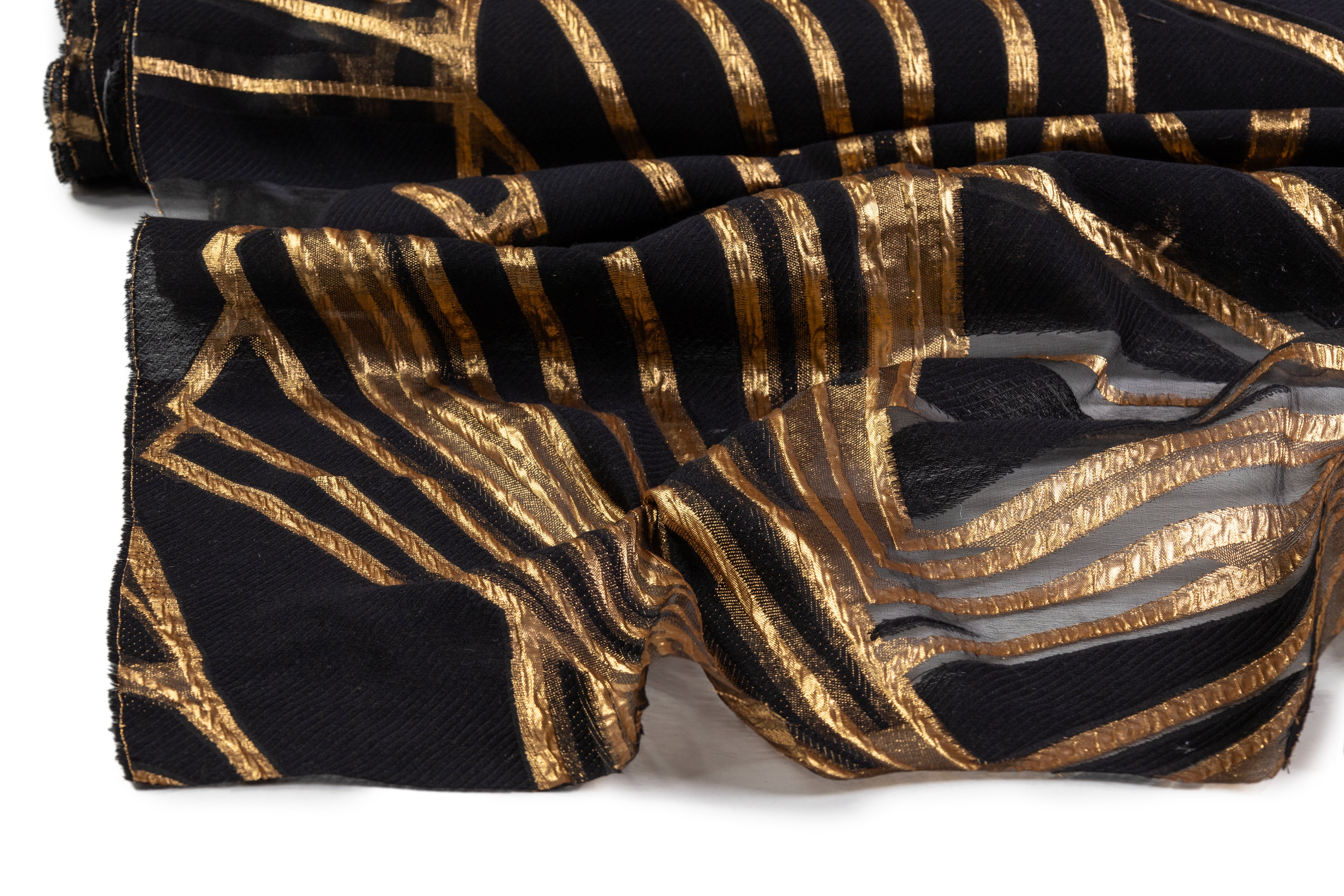 Metallic Silk and Wool Blend Fil Coupé Brocade - Black / Gold