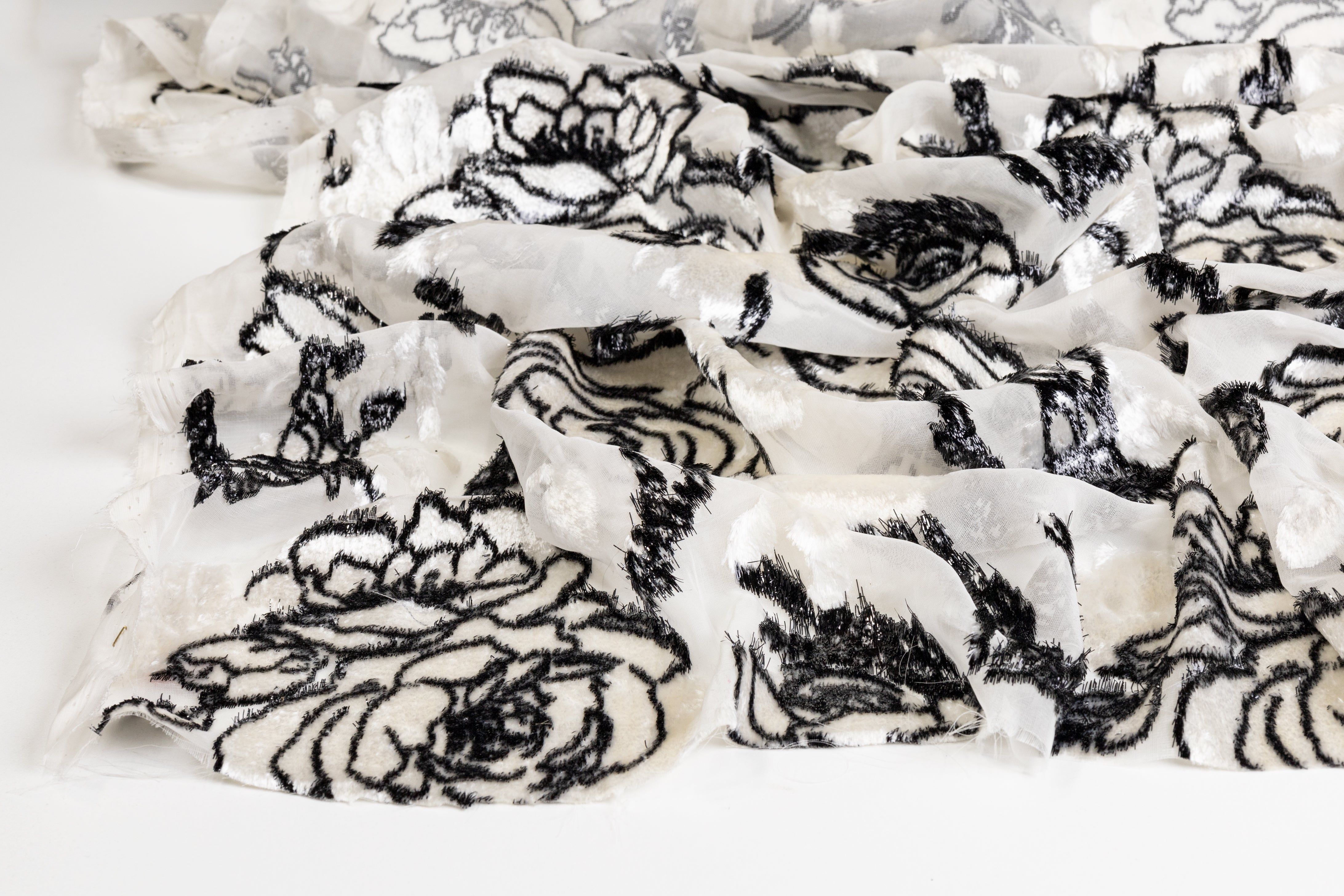 Floral Metallic Italian Silk Viscose Velvet Burnout - Black and White