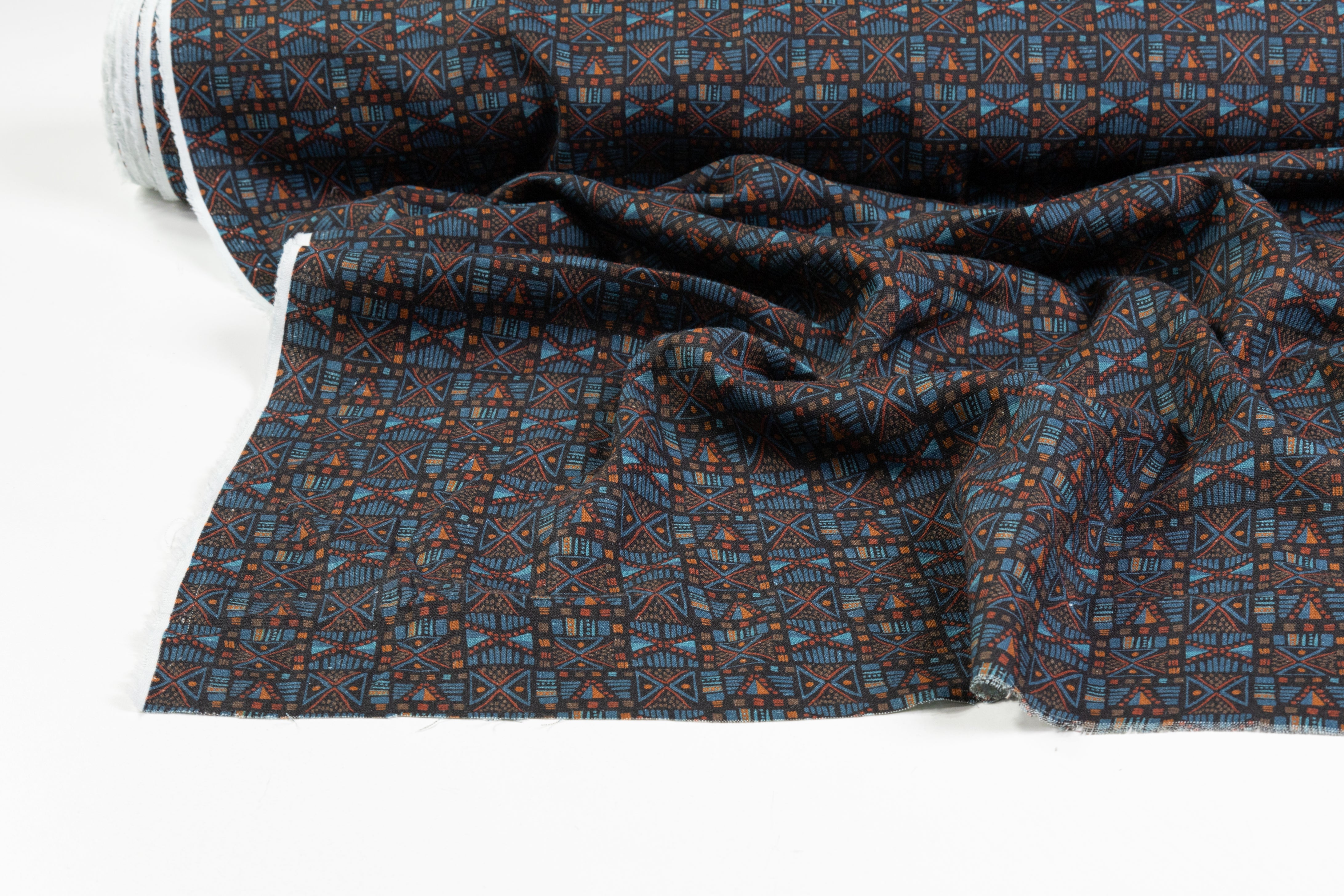 Geometric Italian Linen Viscose Blend - Rust / Blue