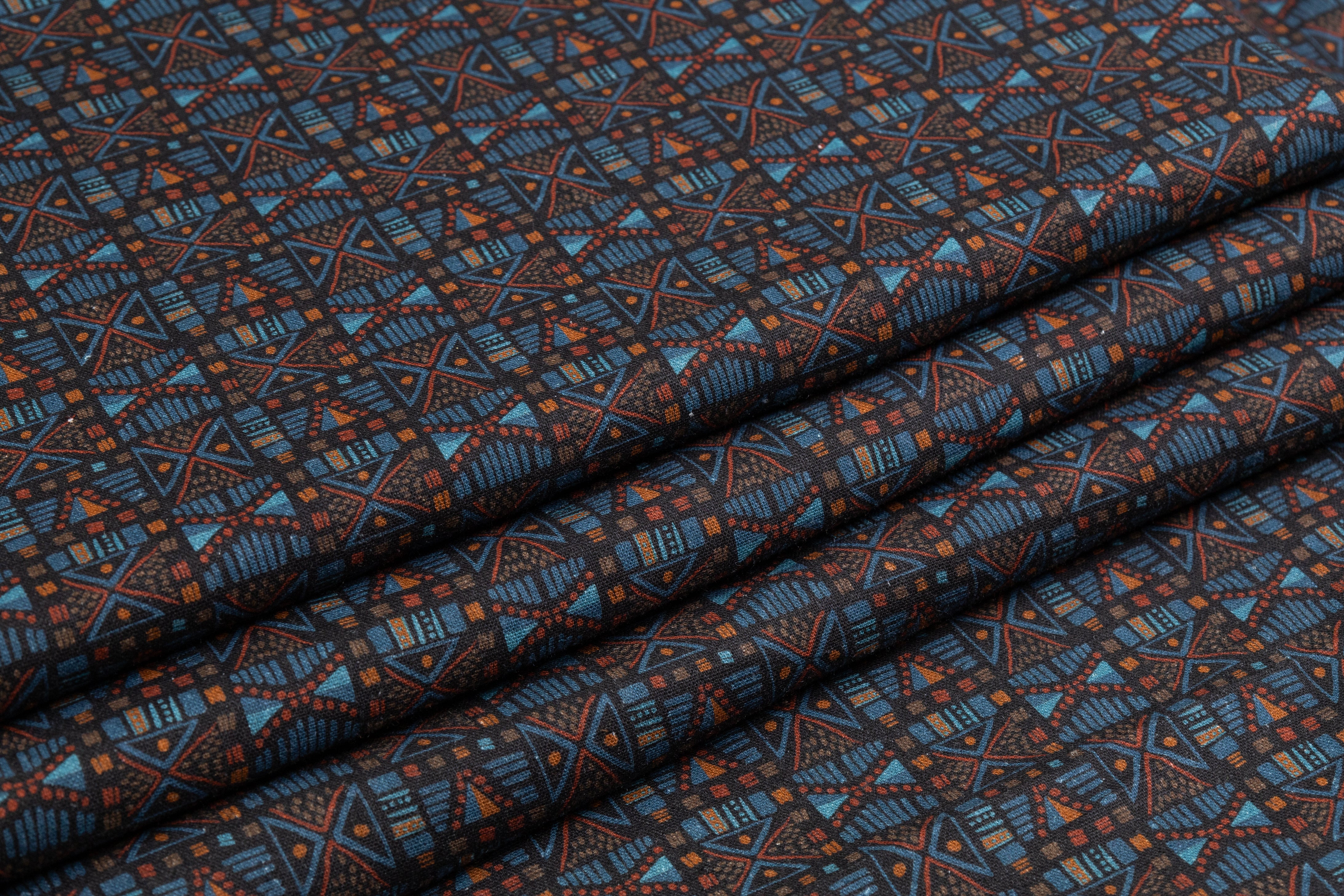 Geometric Italian Linen Viscose Blend - Rust / Blue