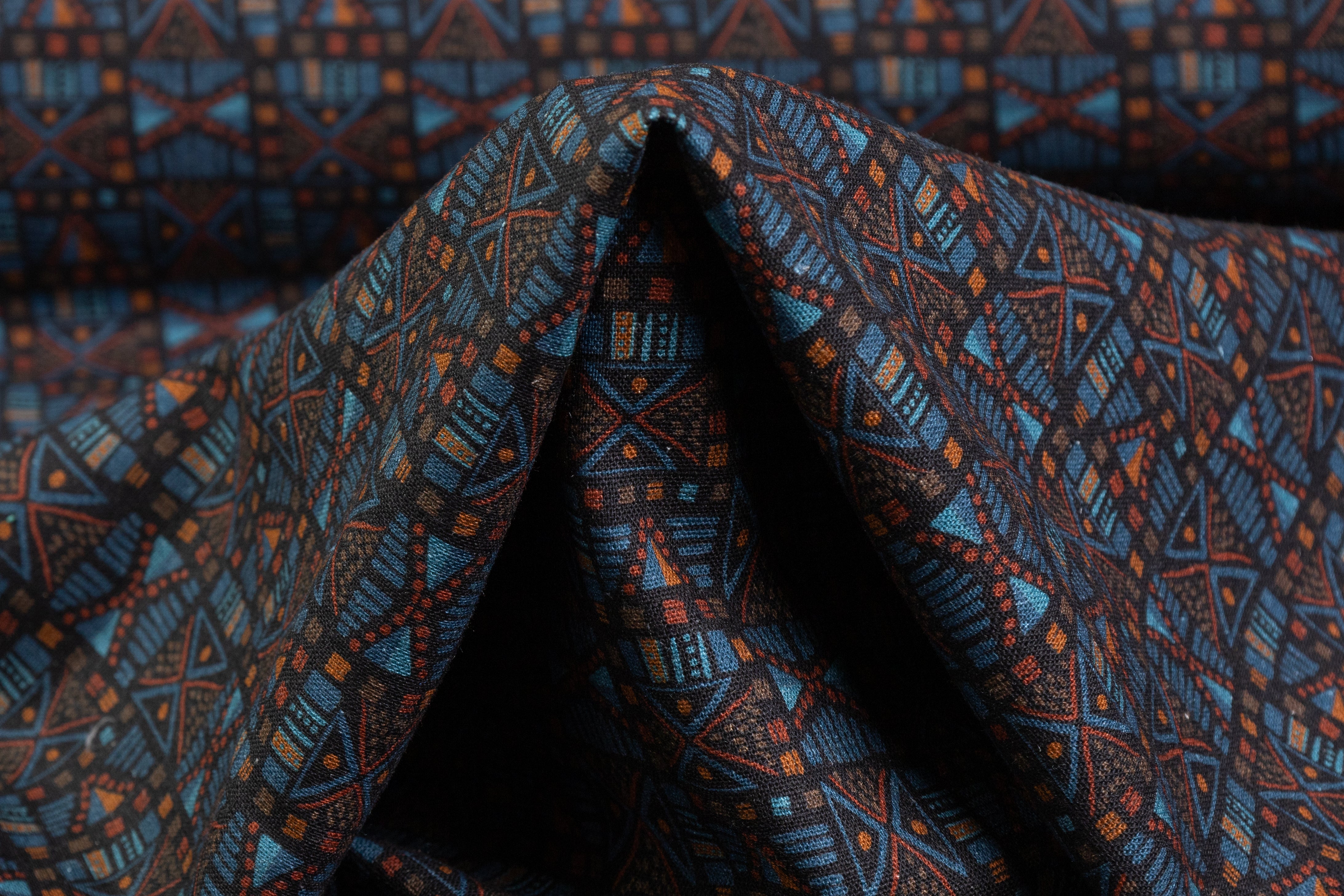 Geometric Italian Linen Viscose Blend - Rust / Blue