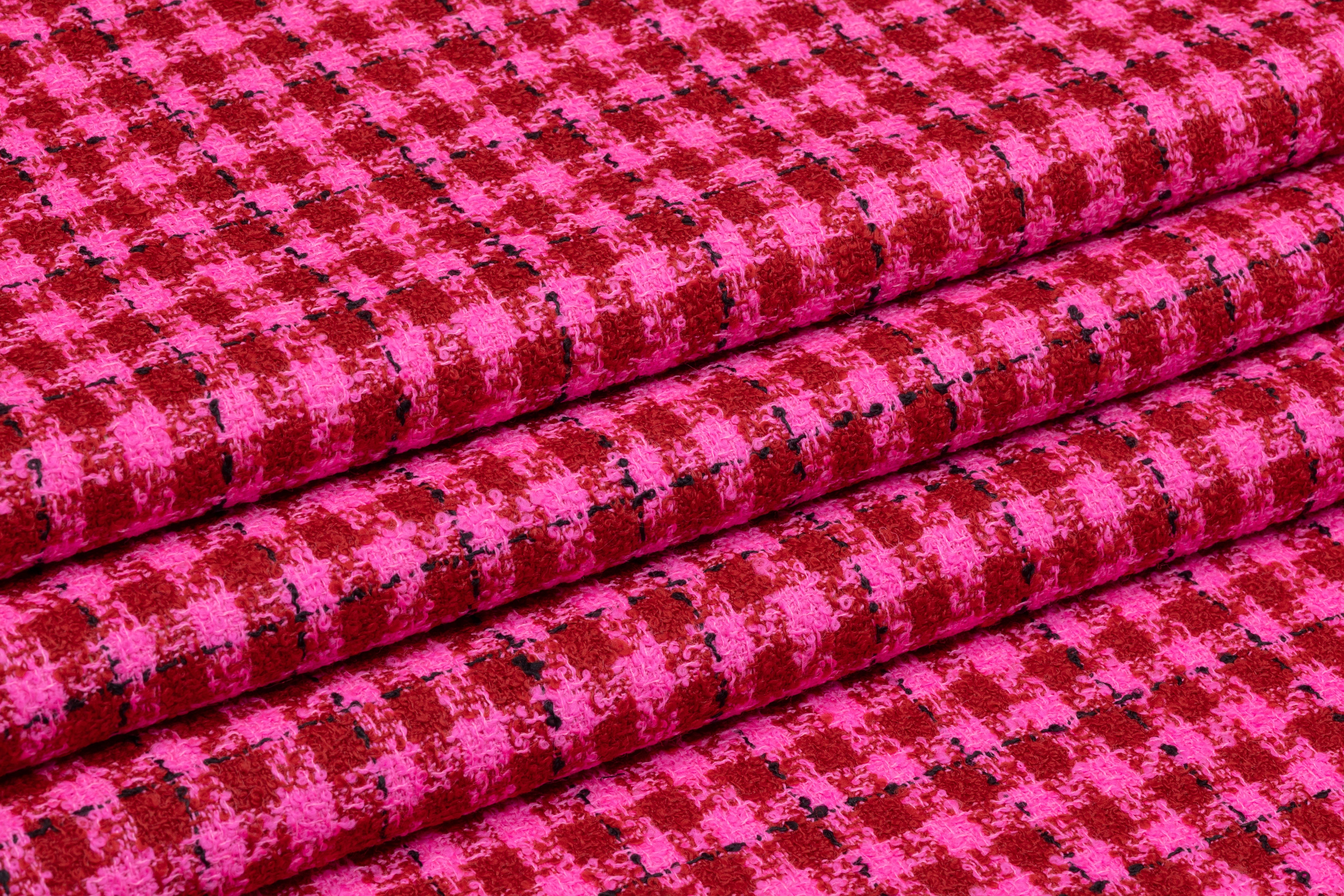 Checked Italian Wool Tweed Boucle - Magenta / Red