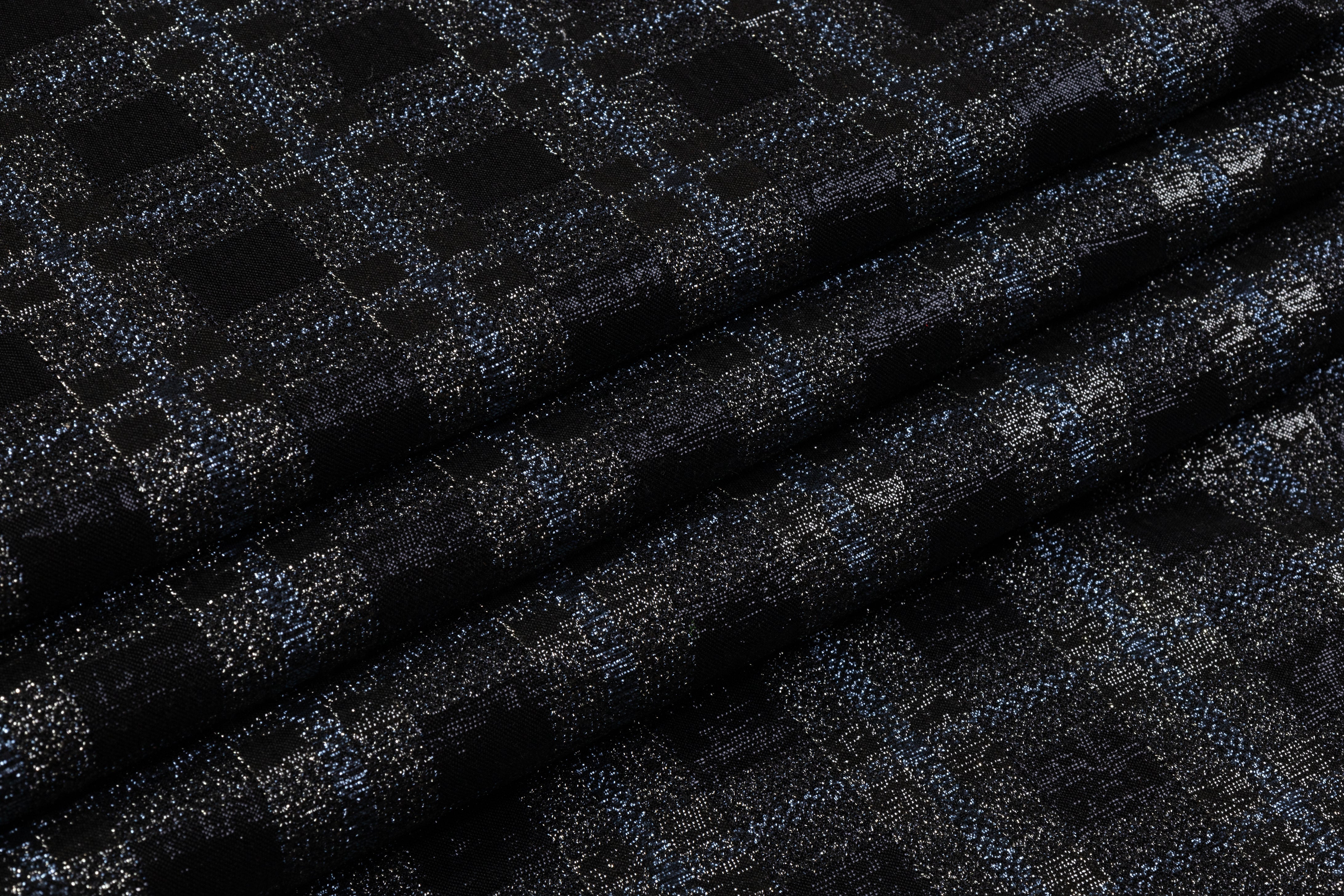 Checked Metallic Stretch Brocade - Black / Gray / Blue
