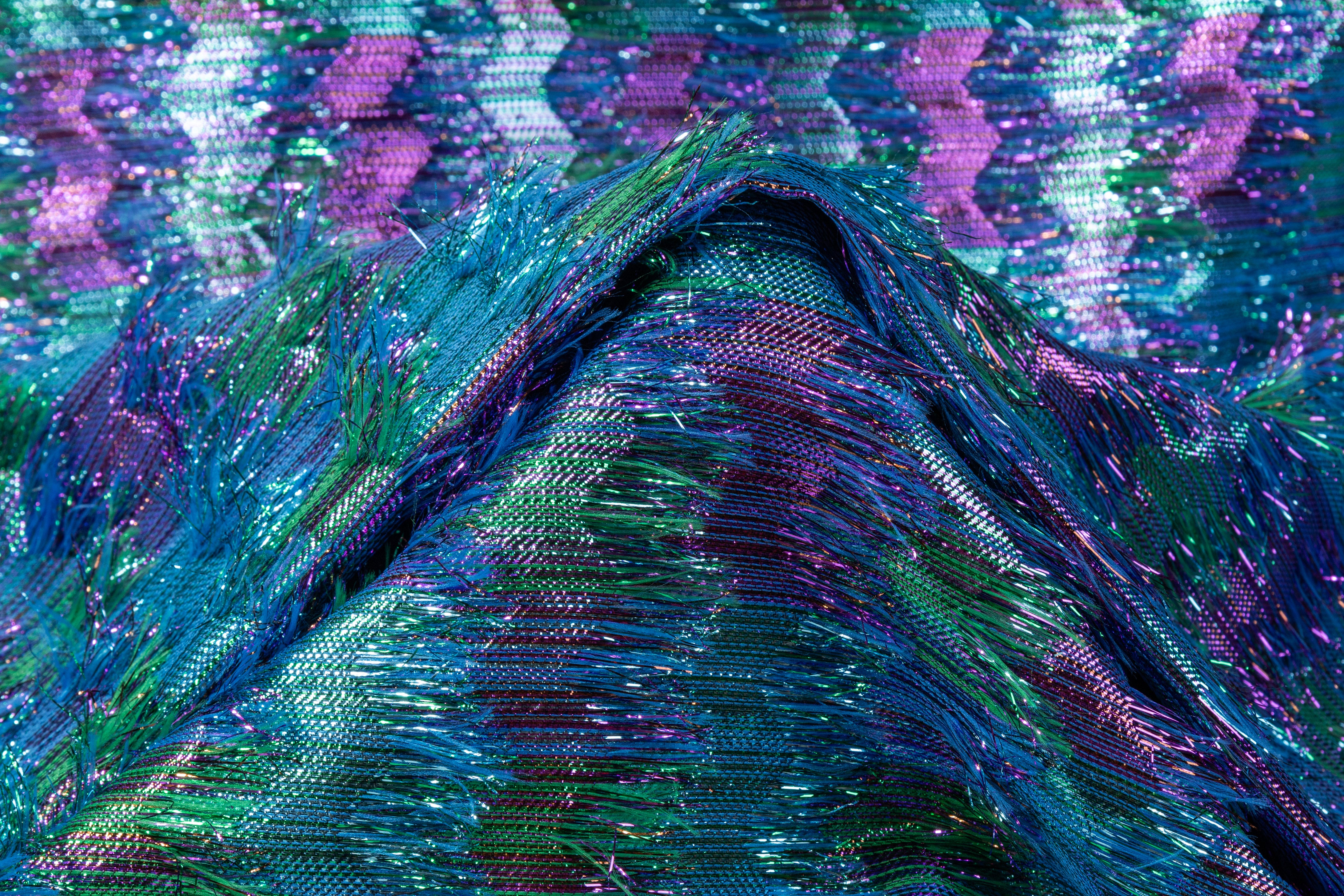 Fringed Metallic French Brocade - Blue / Green / Purple