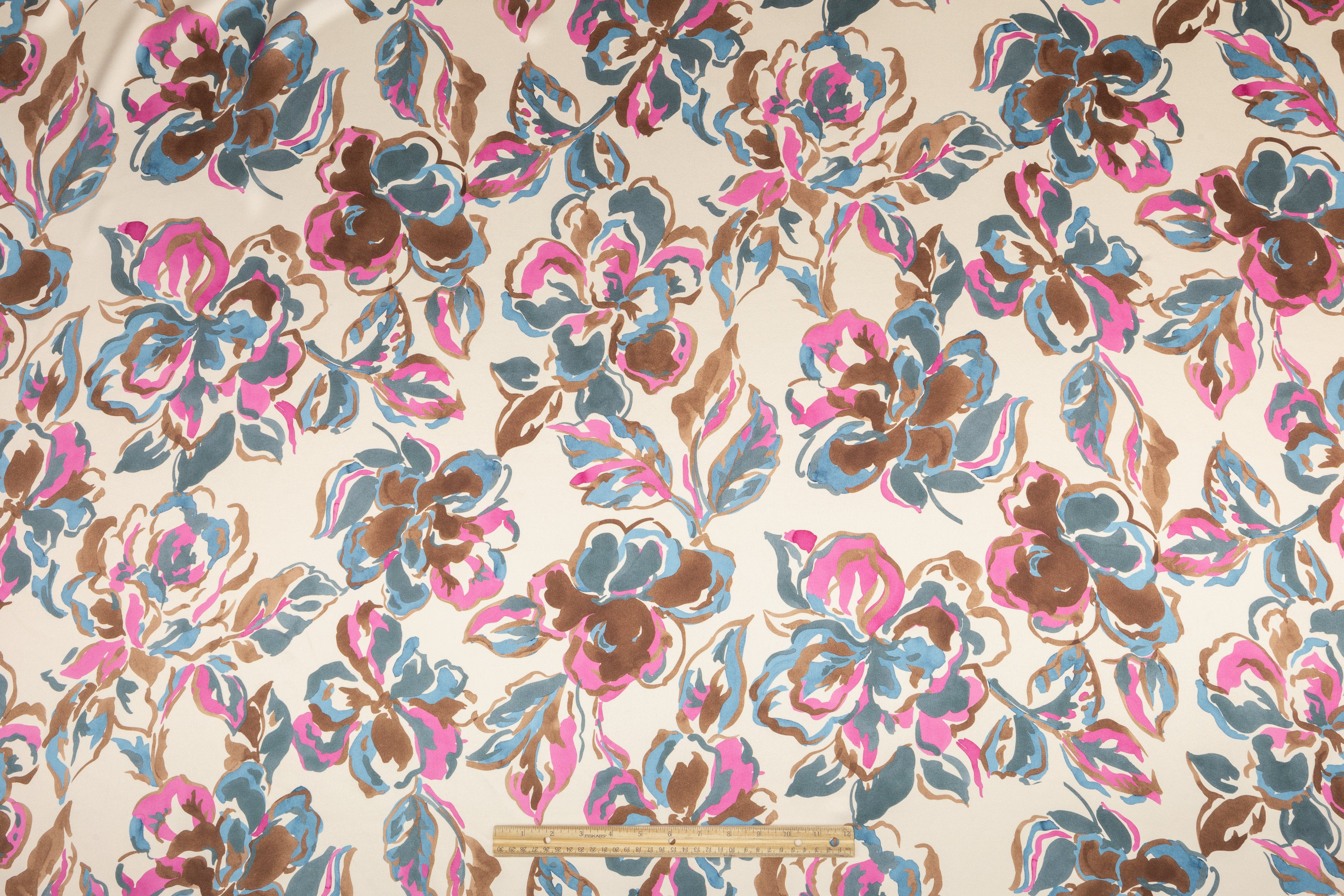 Luigi Verga - Floral Italian Silk Crepe Back Satin - Beige / Blue / Pink