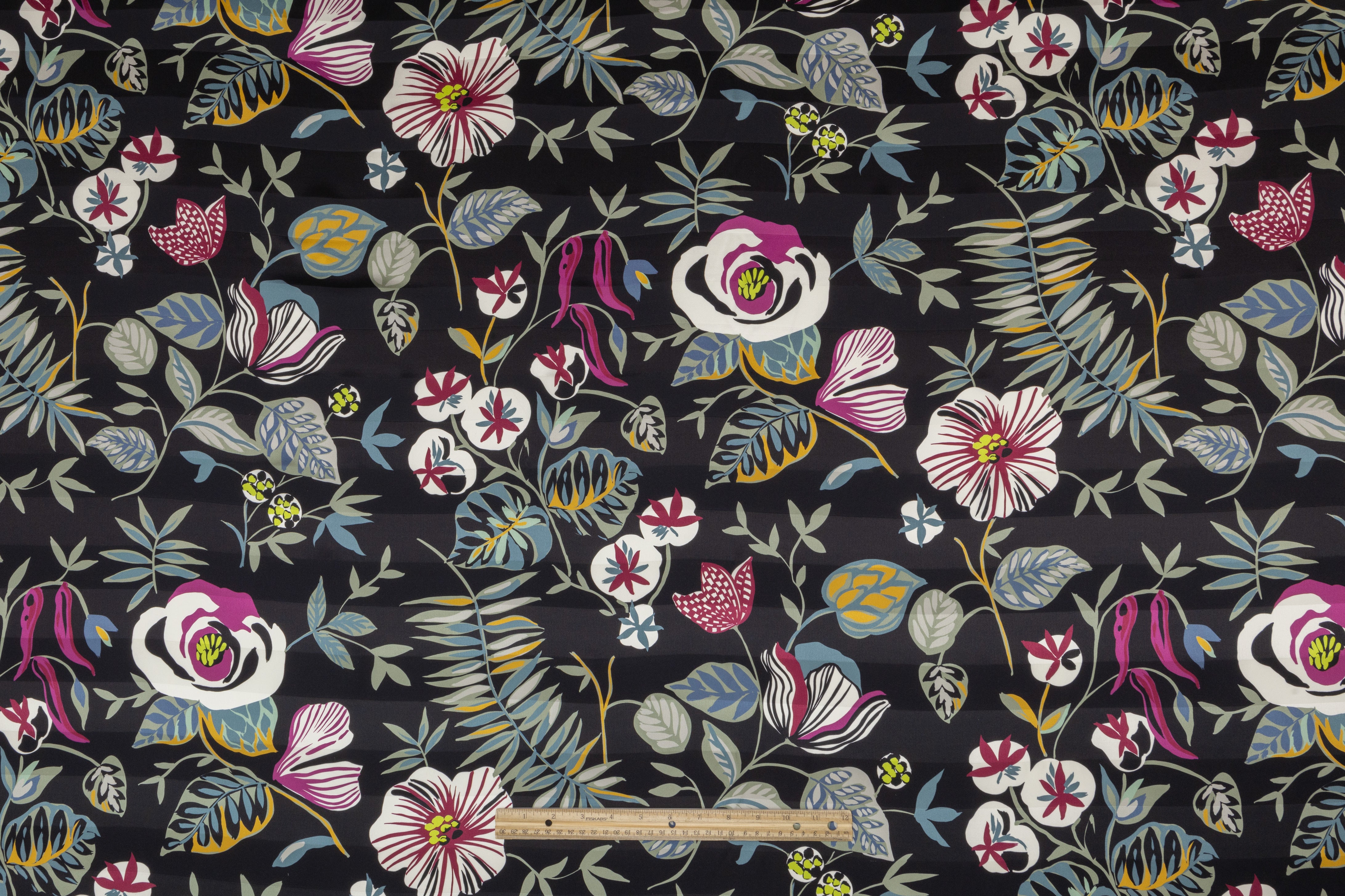 Luigi Verga - Floral Printed Italian Striped Silk Jacquard - Black