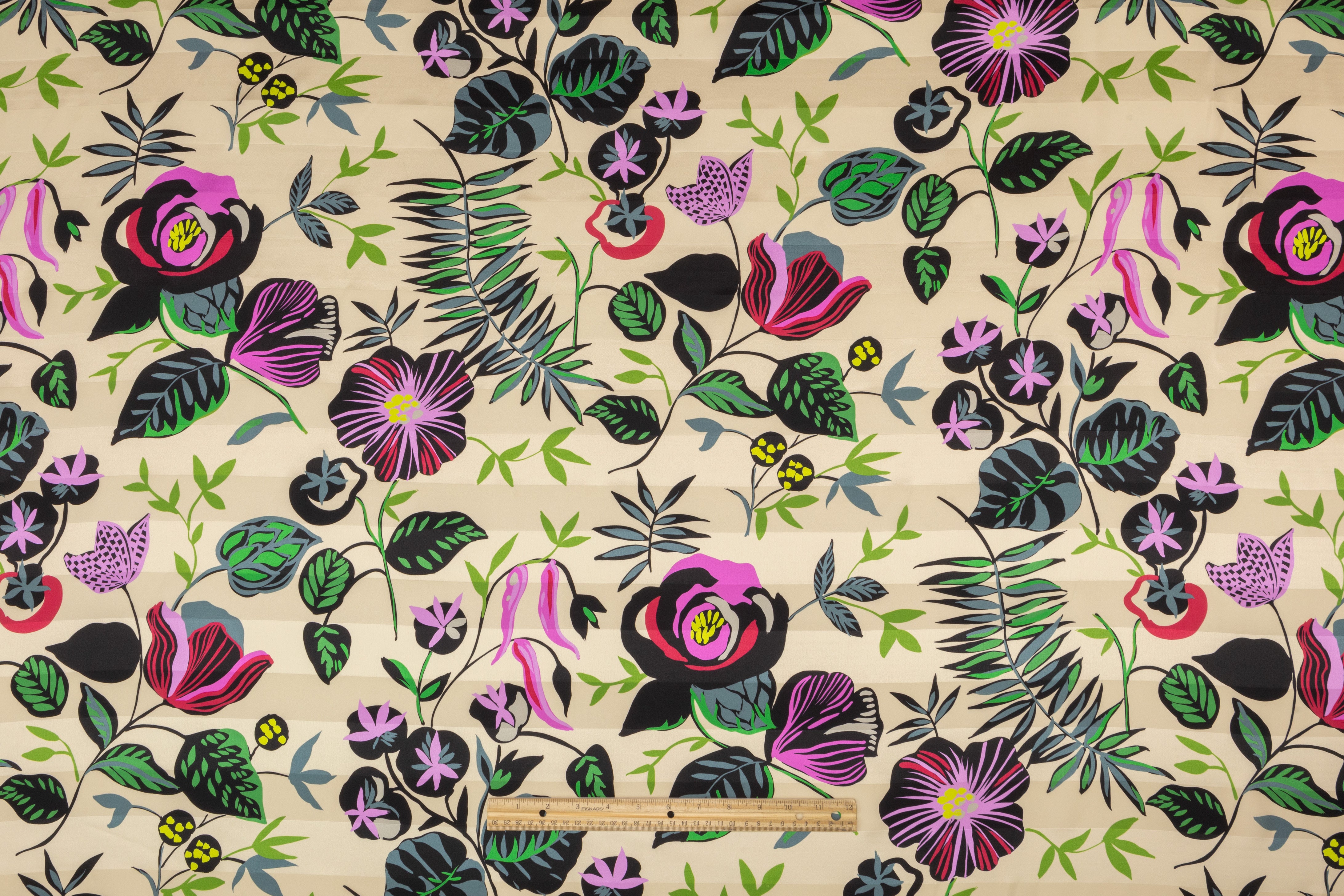 Luigi Verga - Floral Printed Italian Striped Silk Jacquard - Ivory