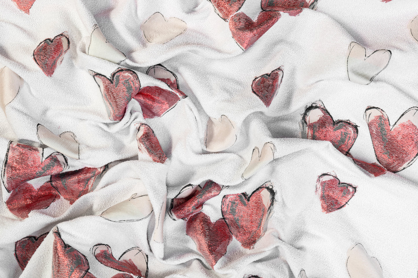 Metallic Heart Italian Brocade - Red and White
