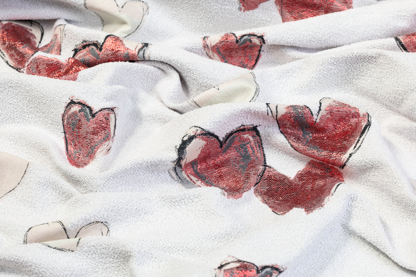 Metallic Heart Italian Brocade - Red and White