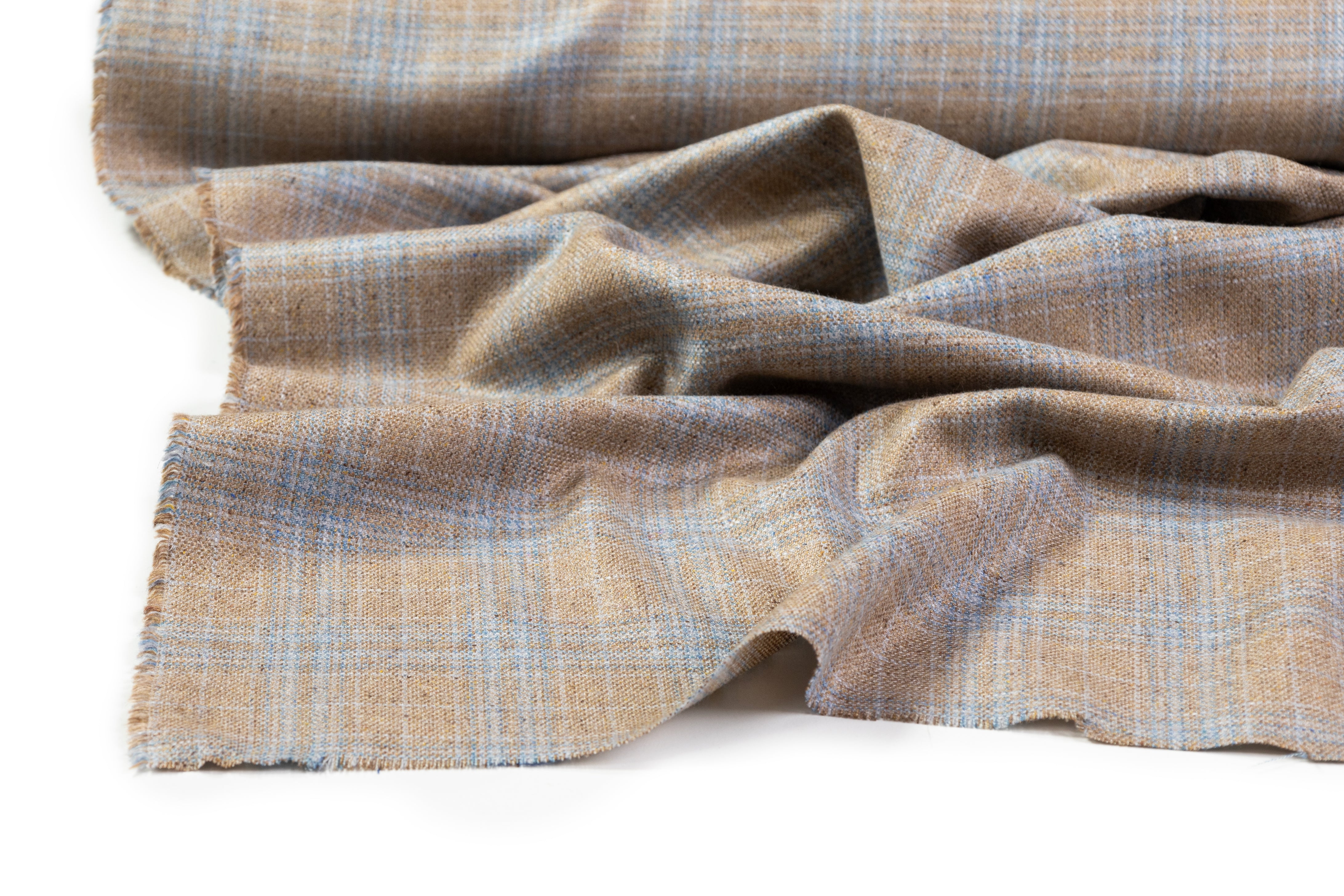 Plaid Italian Silk and Wool Suiting - Tan / Pale Blue
