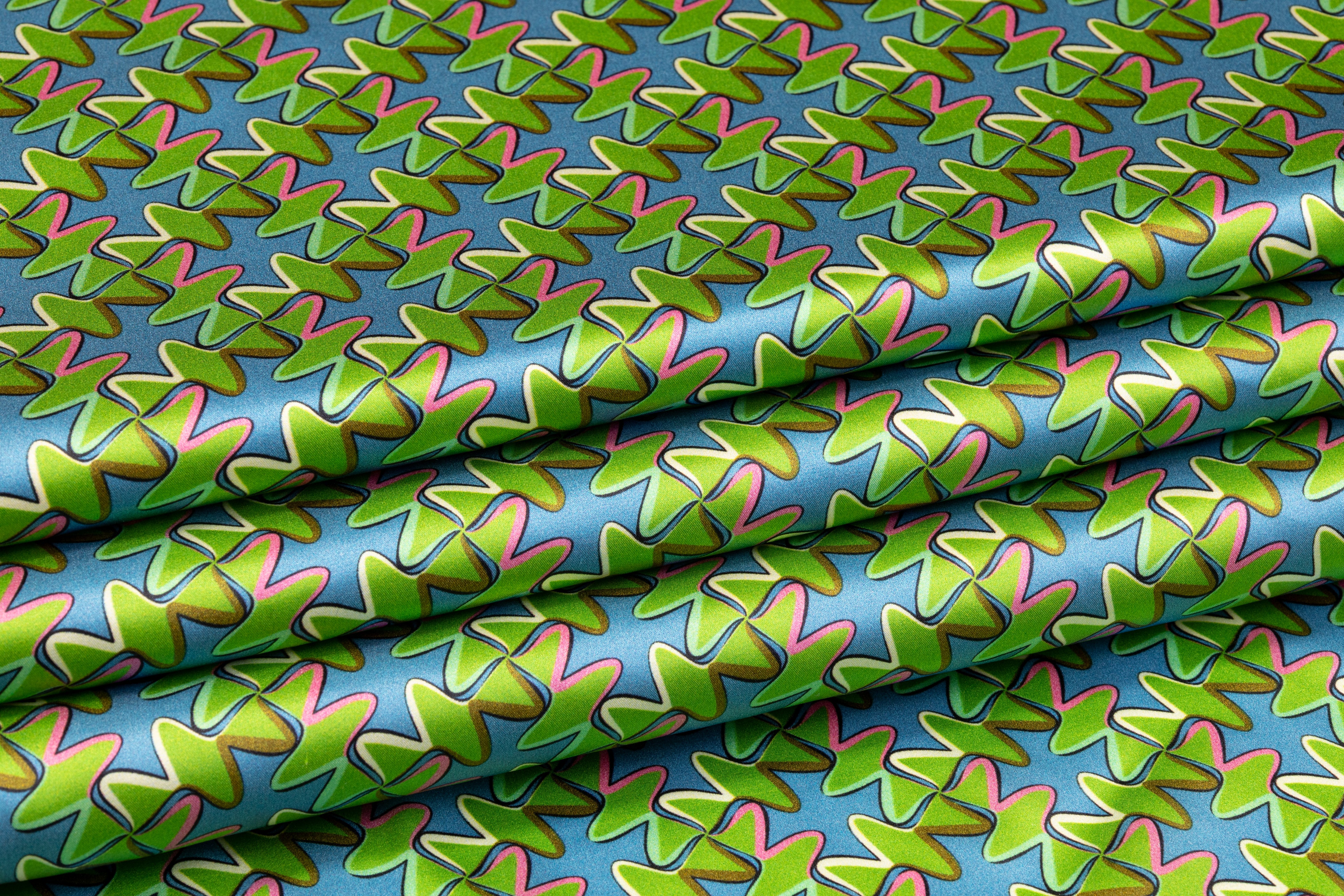 Retro Print Italian Silk Charmeuse - Green and Blue