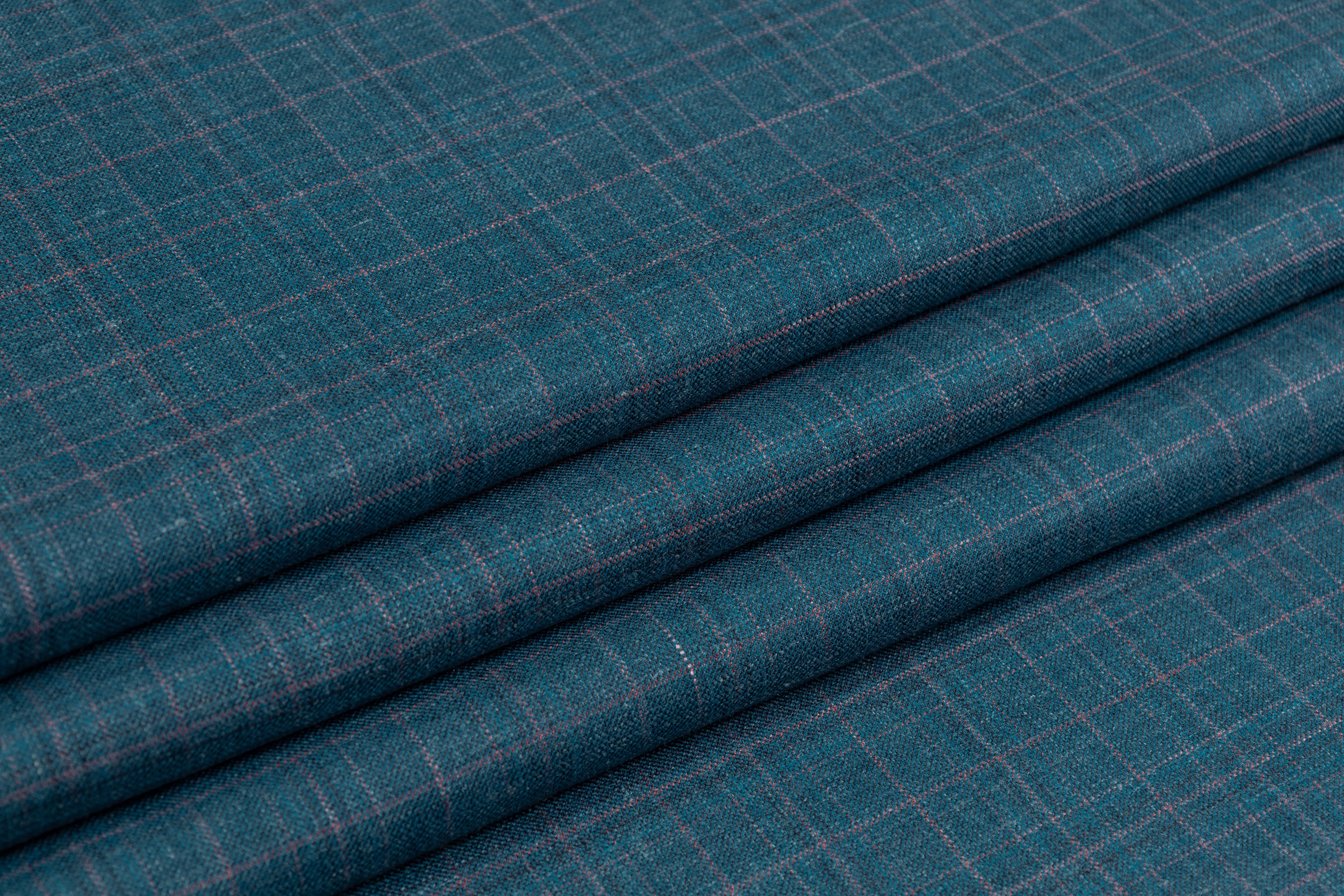 Checked Italian Wool Suiting - Teal Blue / Brick Red