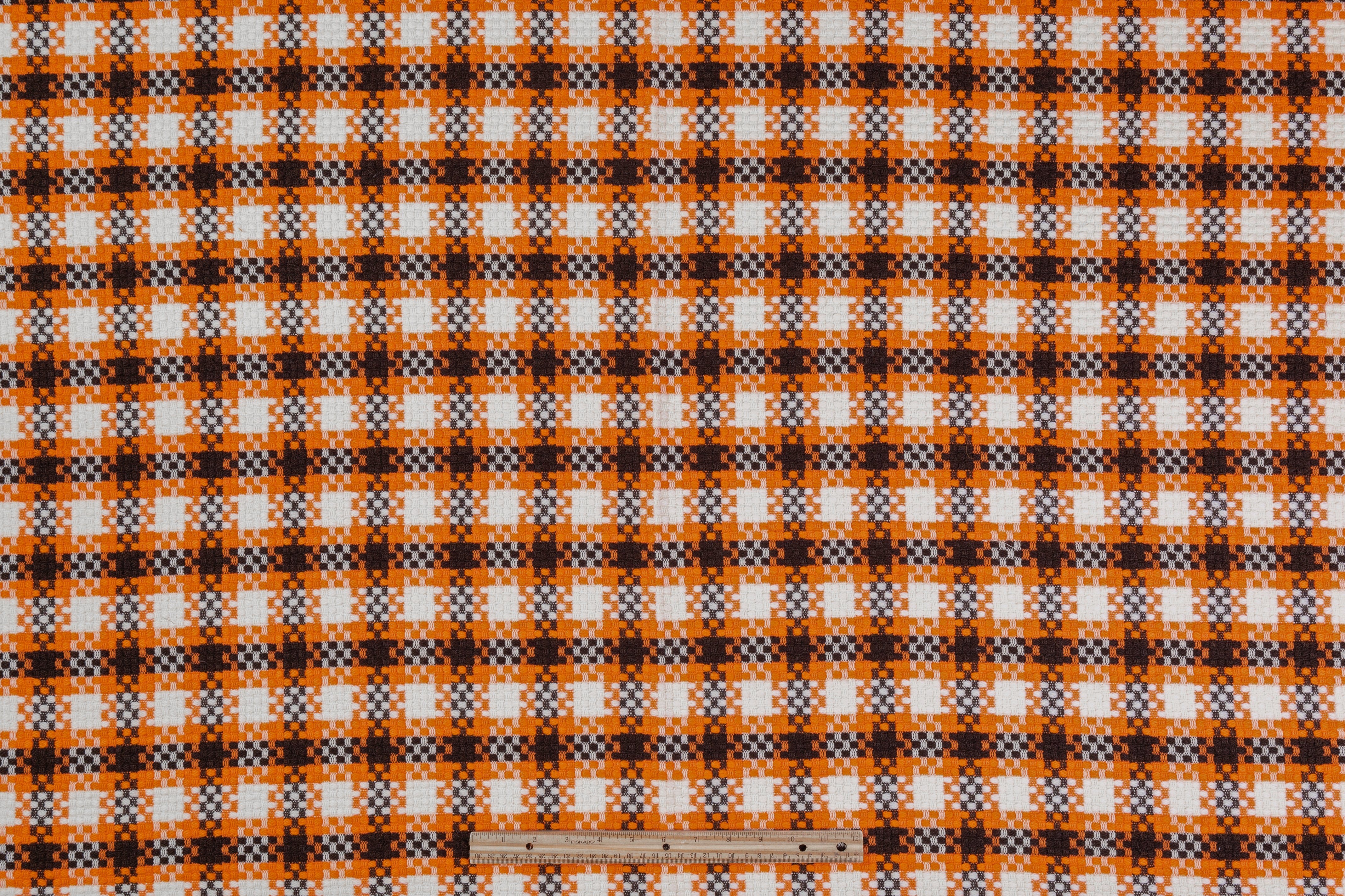 Checked Italian Wool Blend Tweed Coating - Orange / Dark Brown / White