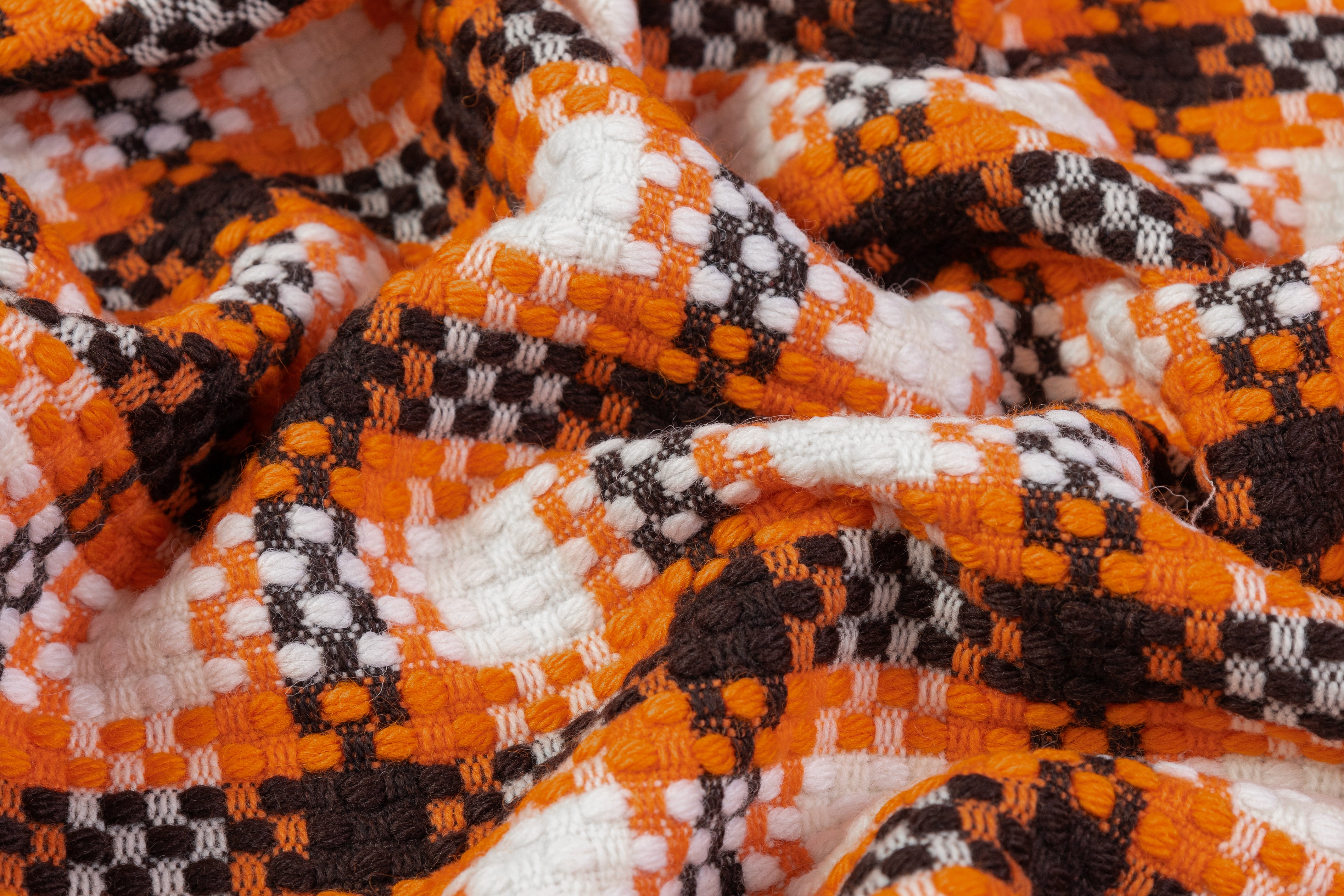 Checked Italian Wool Blend Tweed Coating - Orange / Dark Brown / White