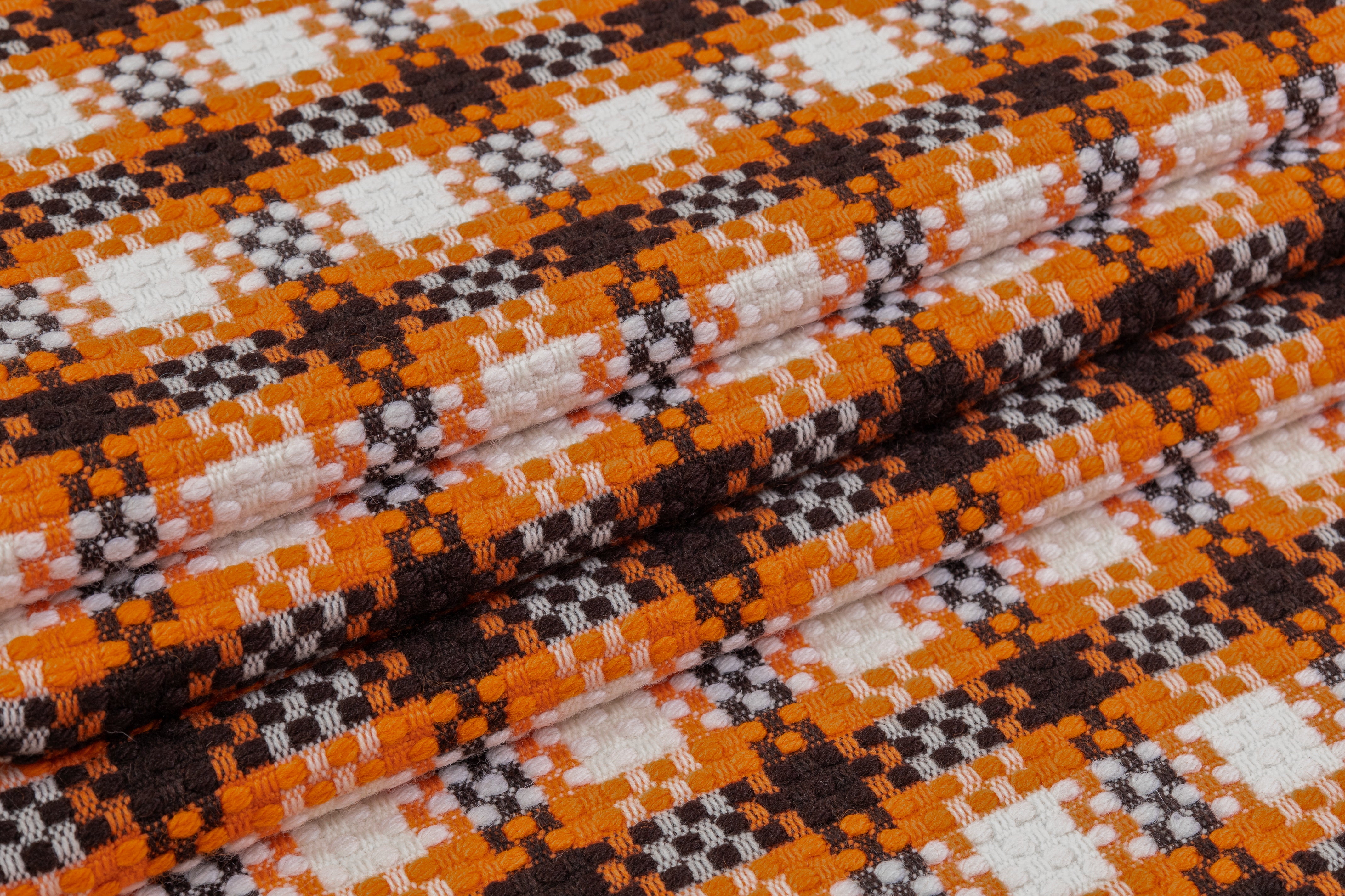 Checked Italian Wool Blend Tweed Coating - Orange / Dark Brown / White