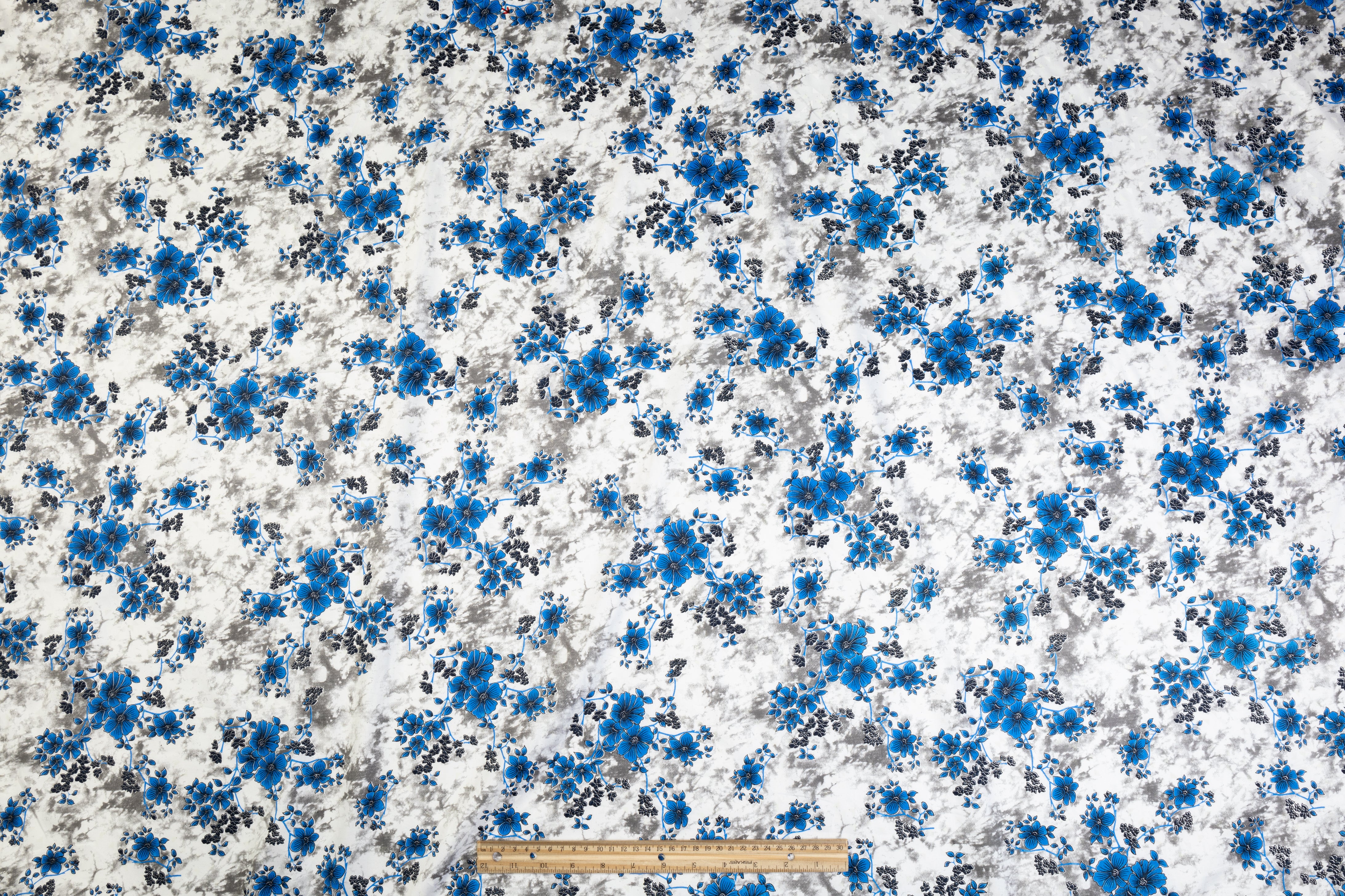 Floral Tie Dye Cotton Print - Blue, White, Gray