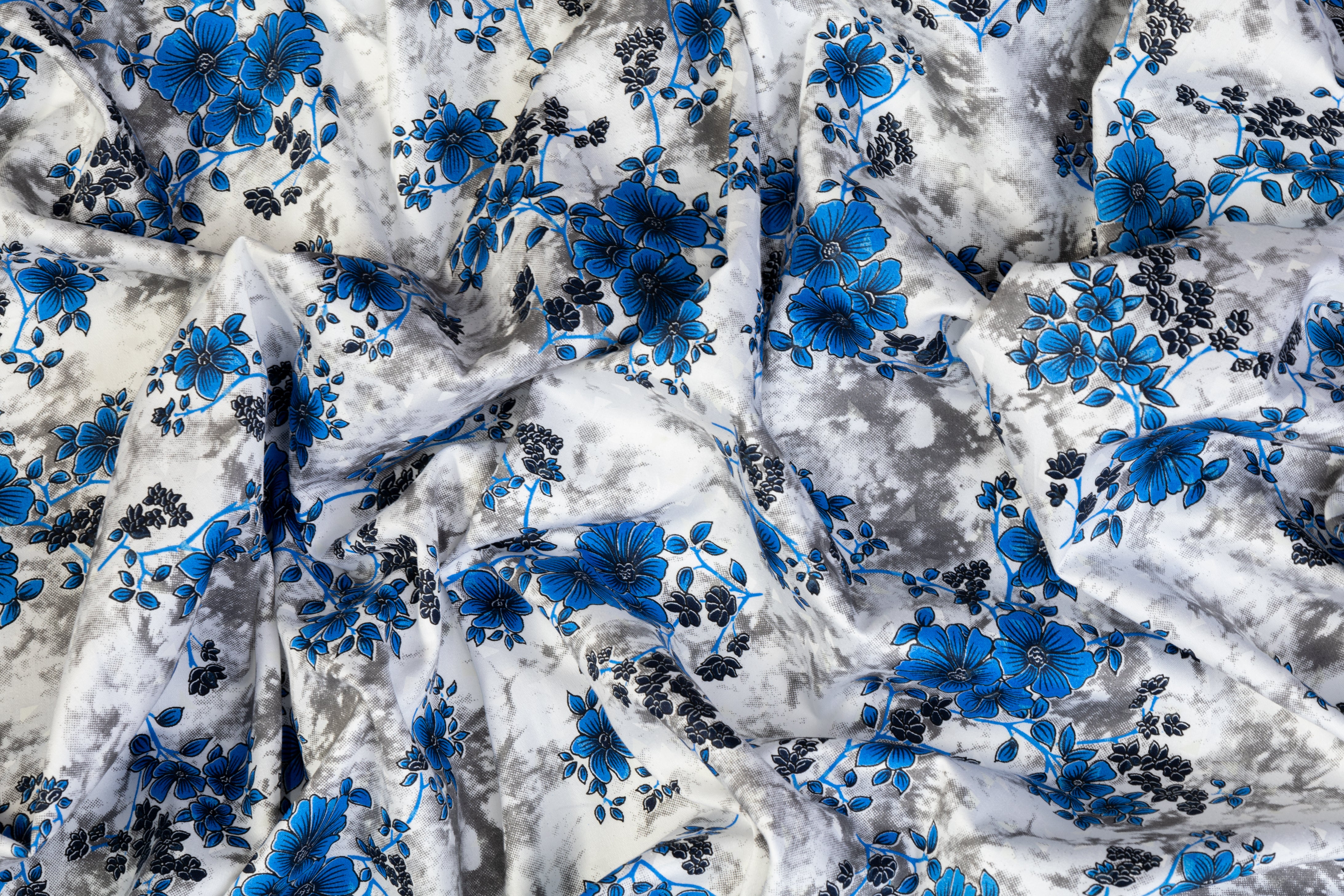 Floral Tie Dye Cotton Print - Blue, White, Gray