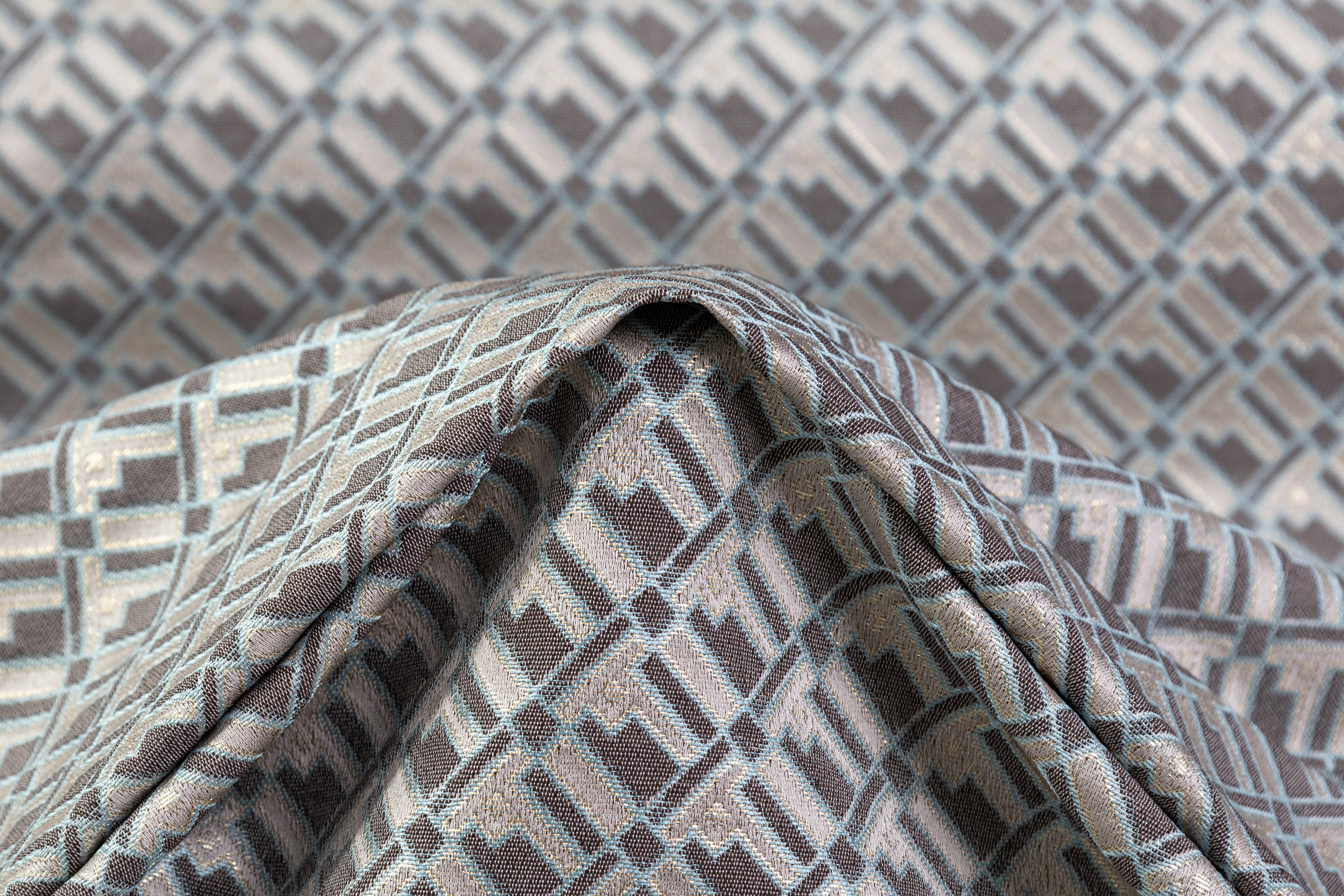 Geometric Metallic Italian Brocade - Blue / Taupe