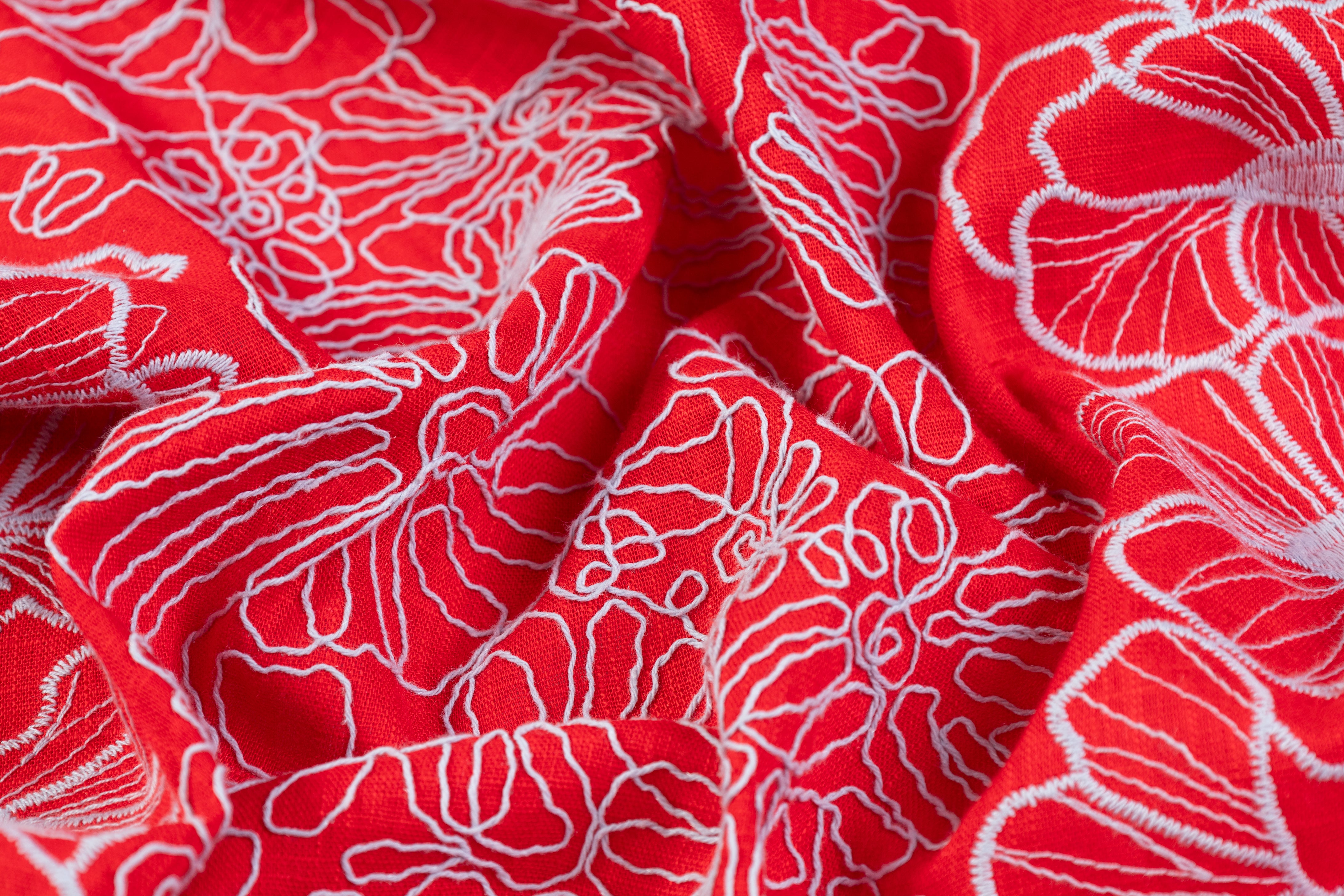Floral Embroidered Linen - Red / Sky Blue