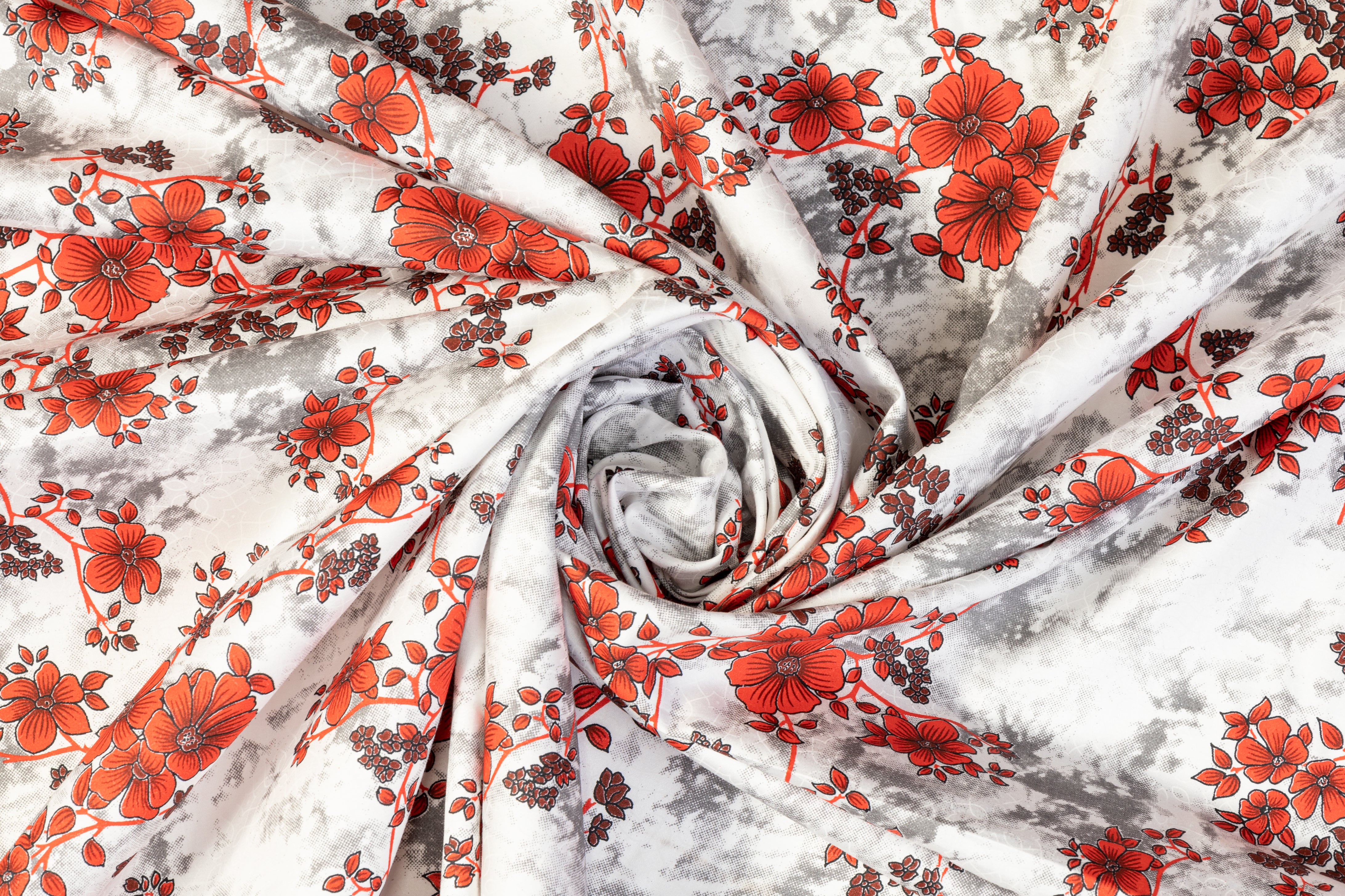 Floral Tie Dye Cotton Print - Red, White, Gray