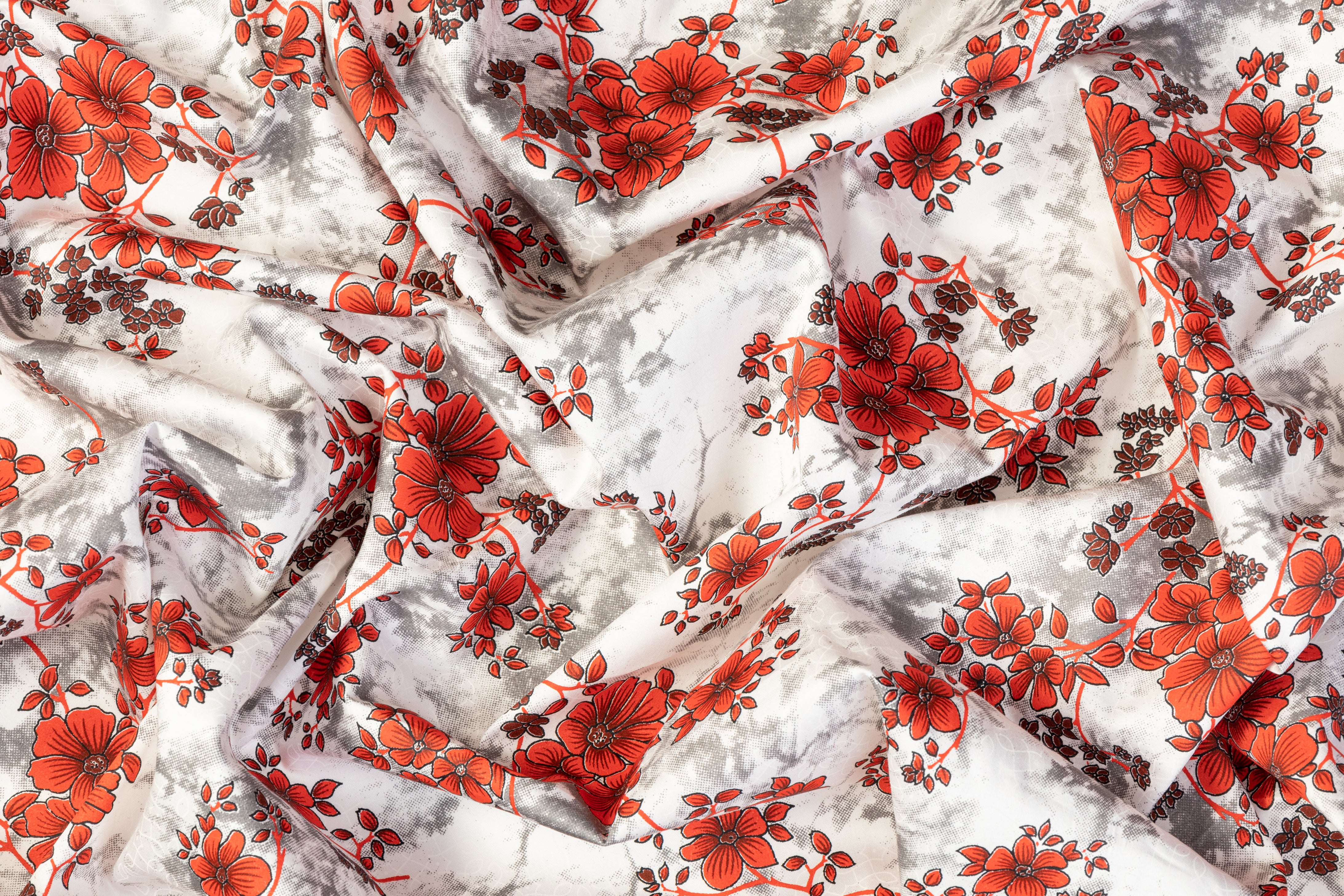 Floral Tie Dye Cotton Print - Red, White, Gray