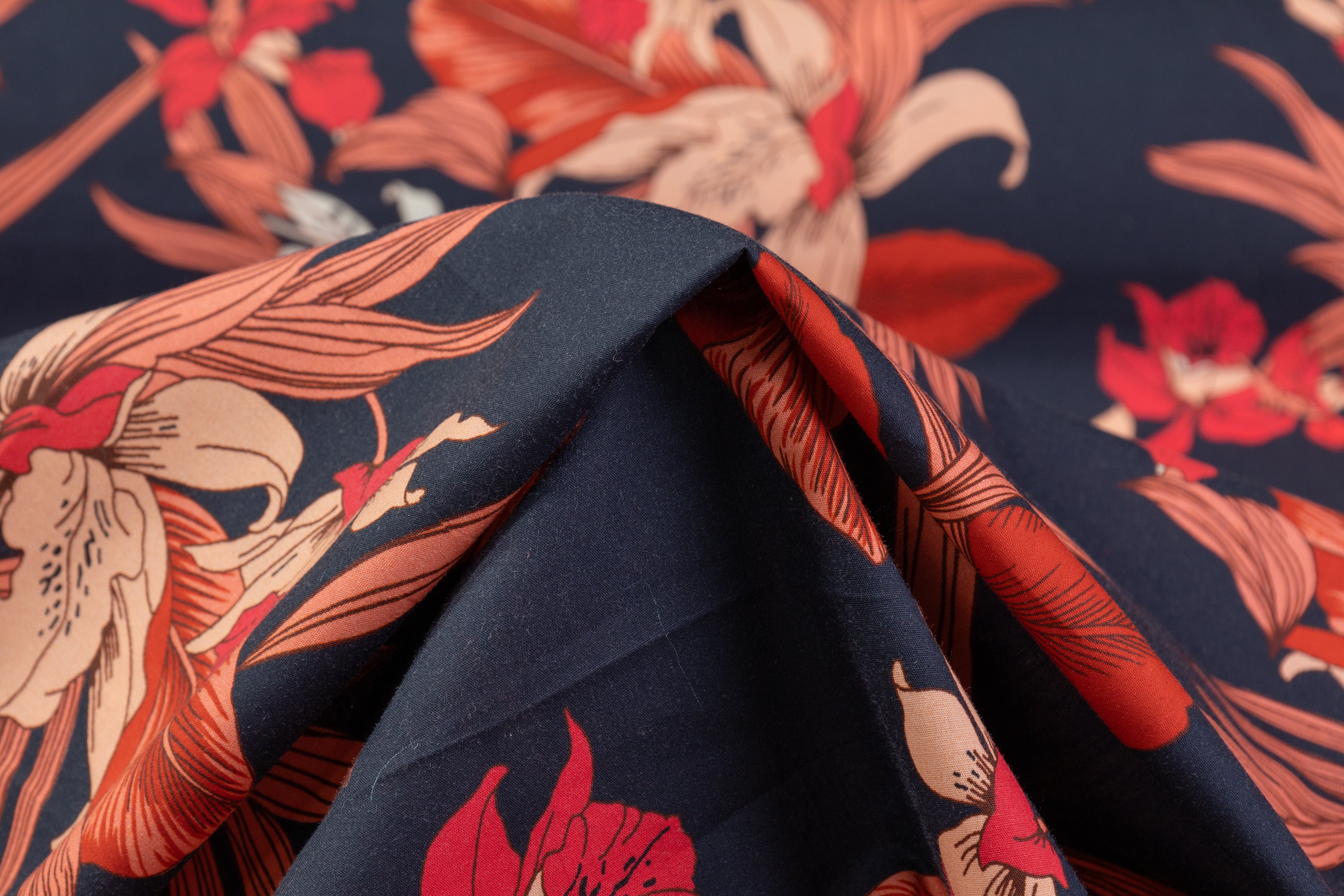 Floral Italian Cotton - Navy / Peach / Red