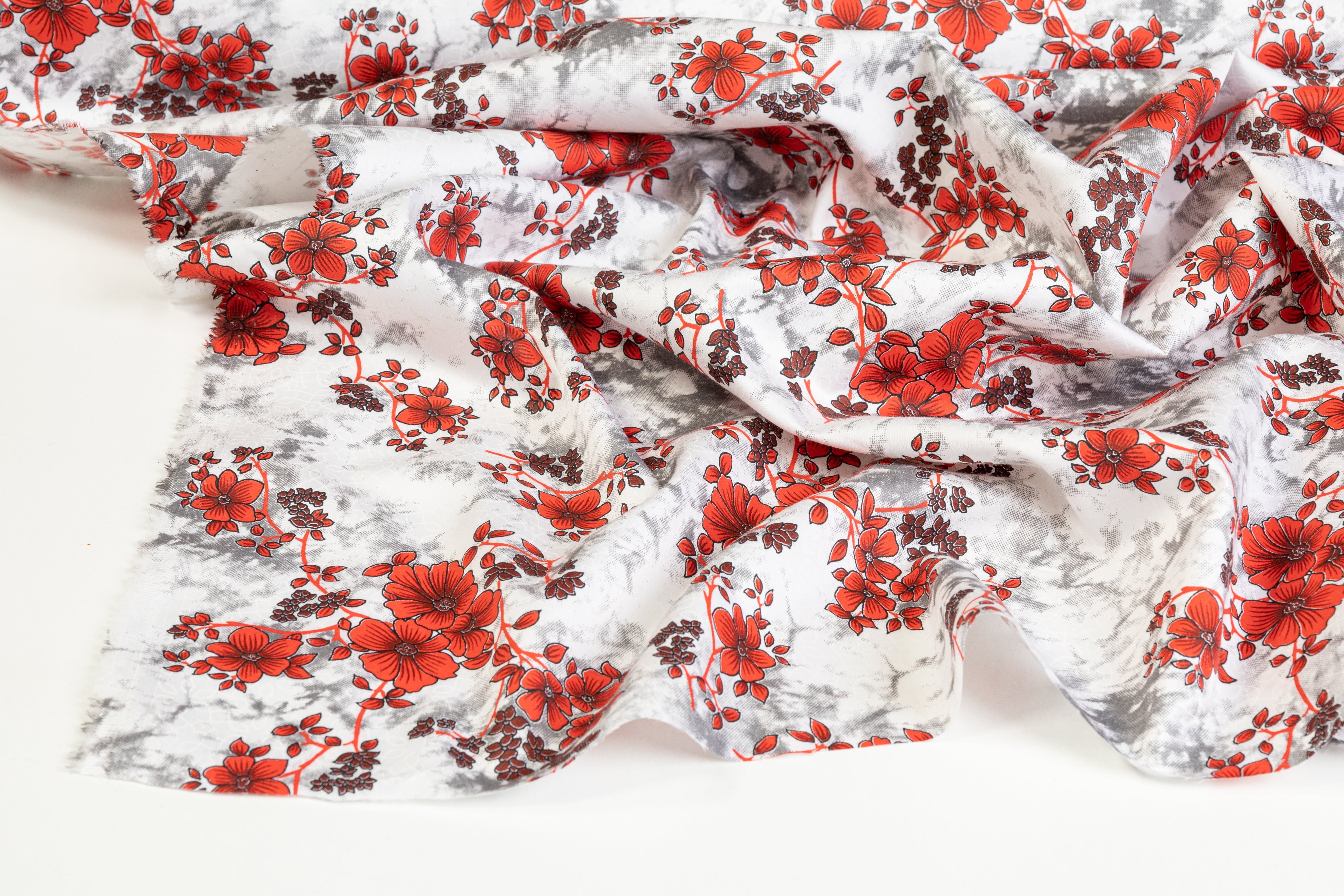 Floral Tie Dye Cotton Print - Red, White, Gray