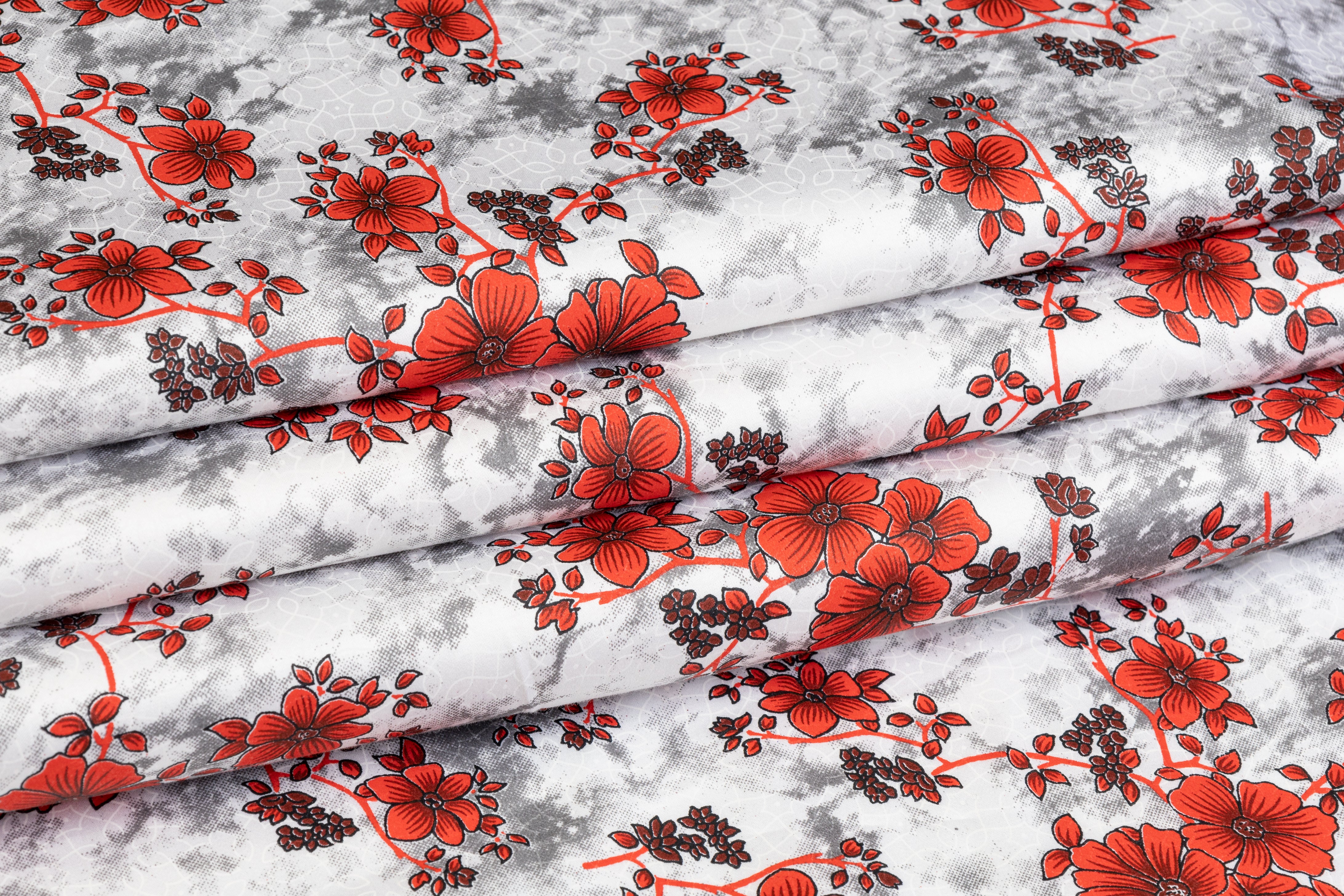 Floral Tie Dye Cotton Print - Red, White, Gray