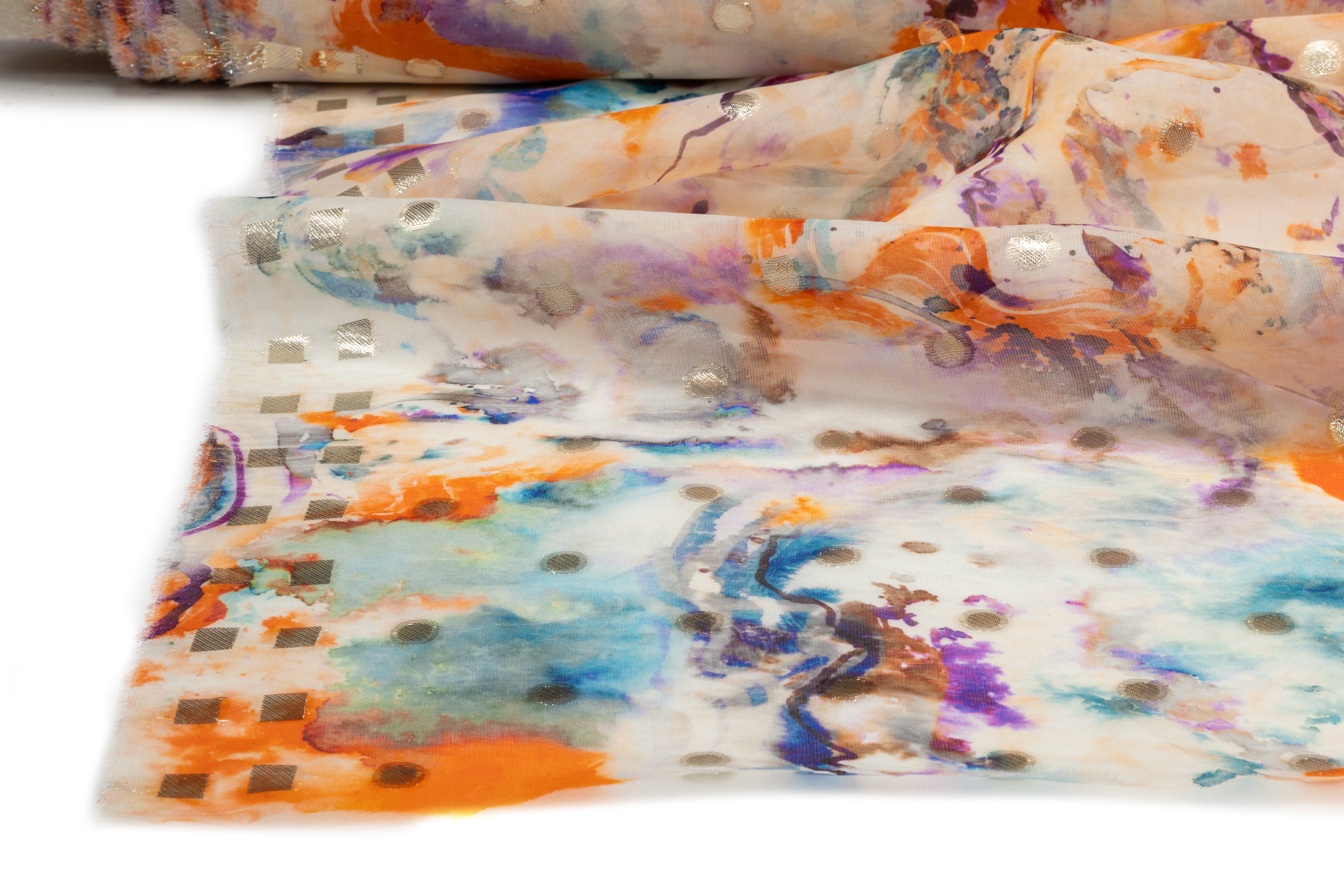 Abstract Metallic Italian Silk Organza Fil Coupé - Orange / Violet / Aqua
