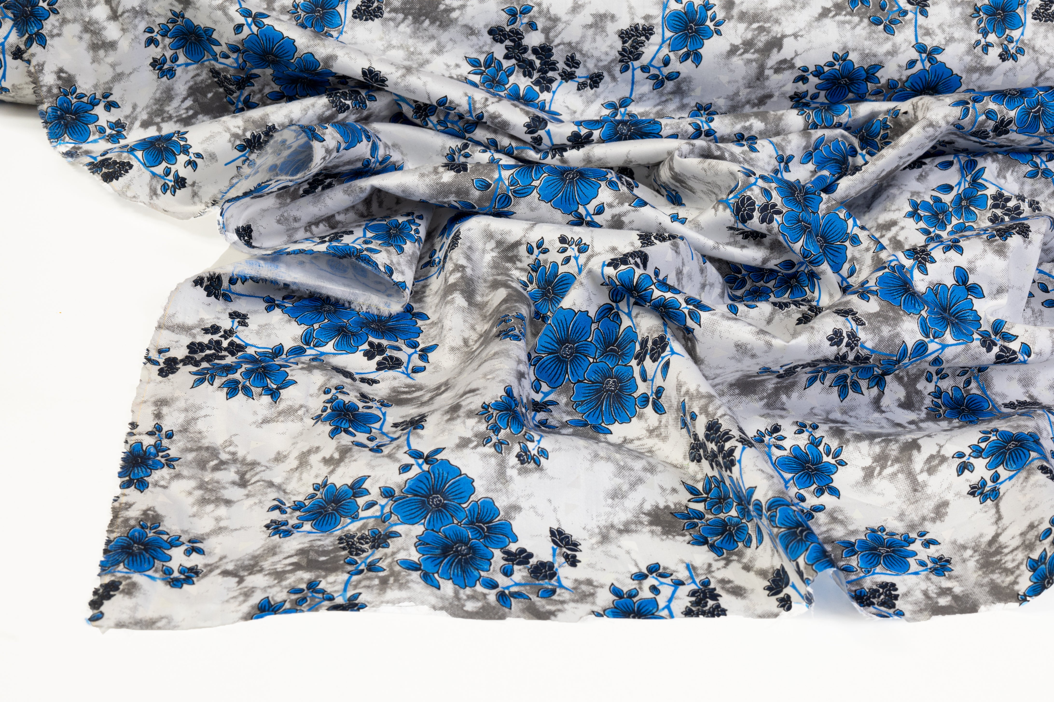 Floral Tie Dye Cotton Print - Blue, White, Gray