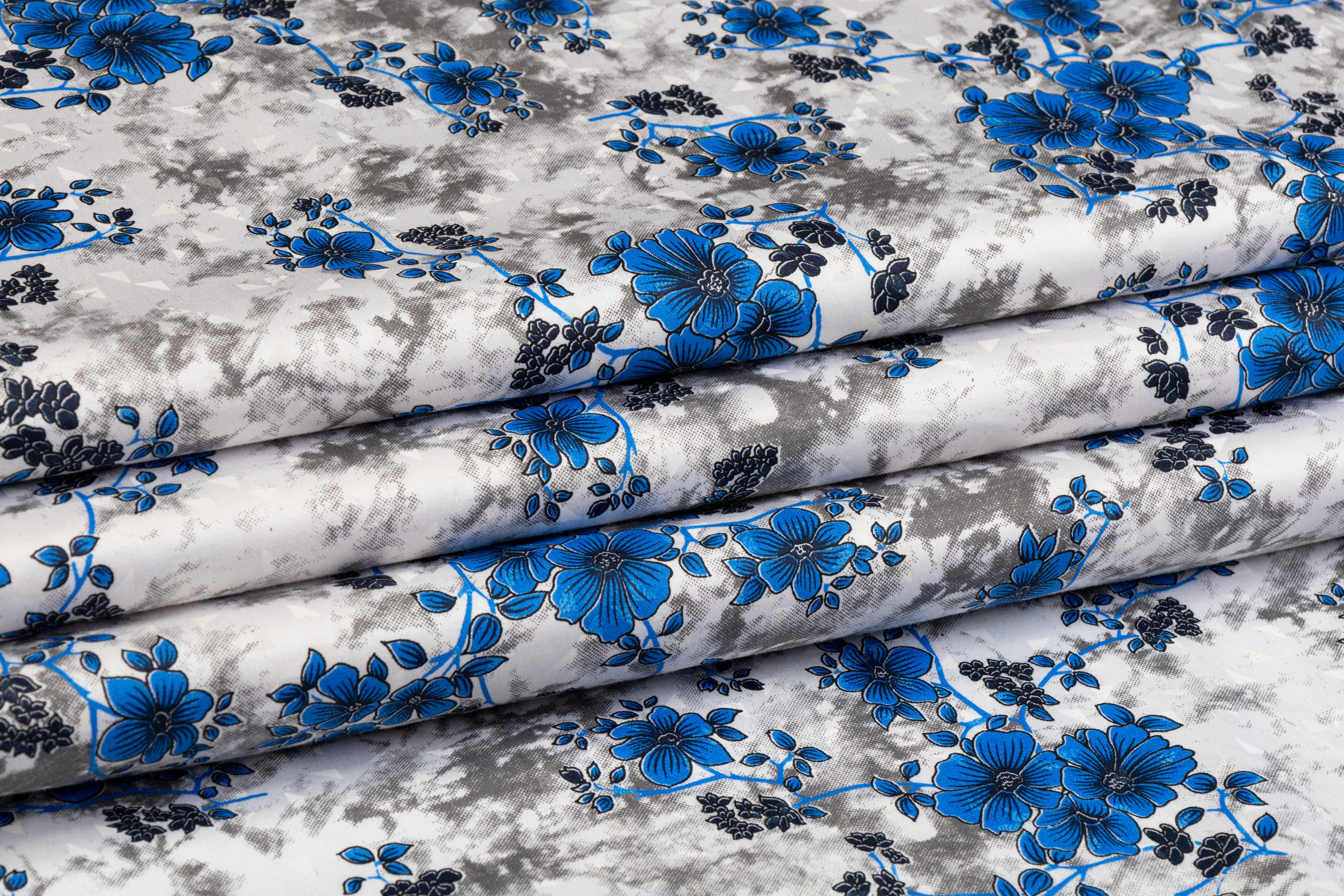 Floral Tie Dye Cotton Print - Blue, White, Gray