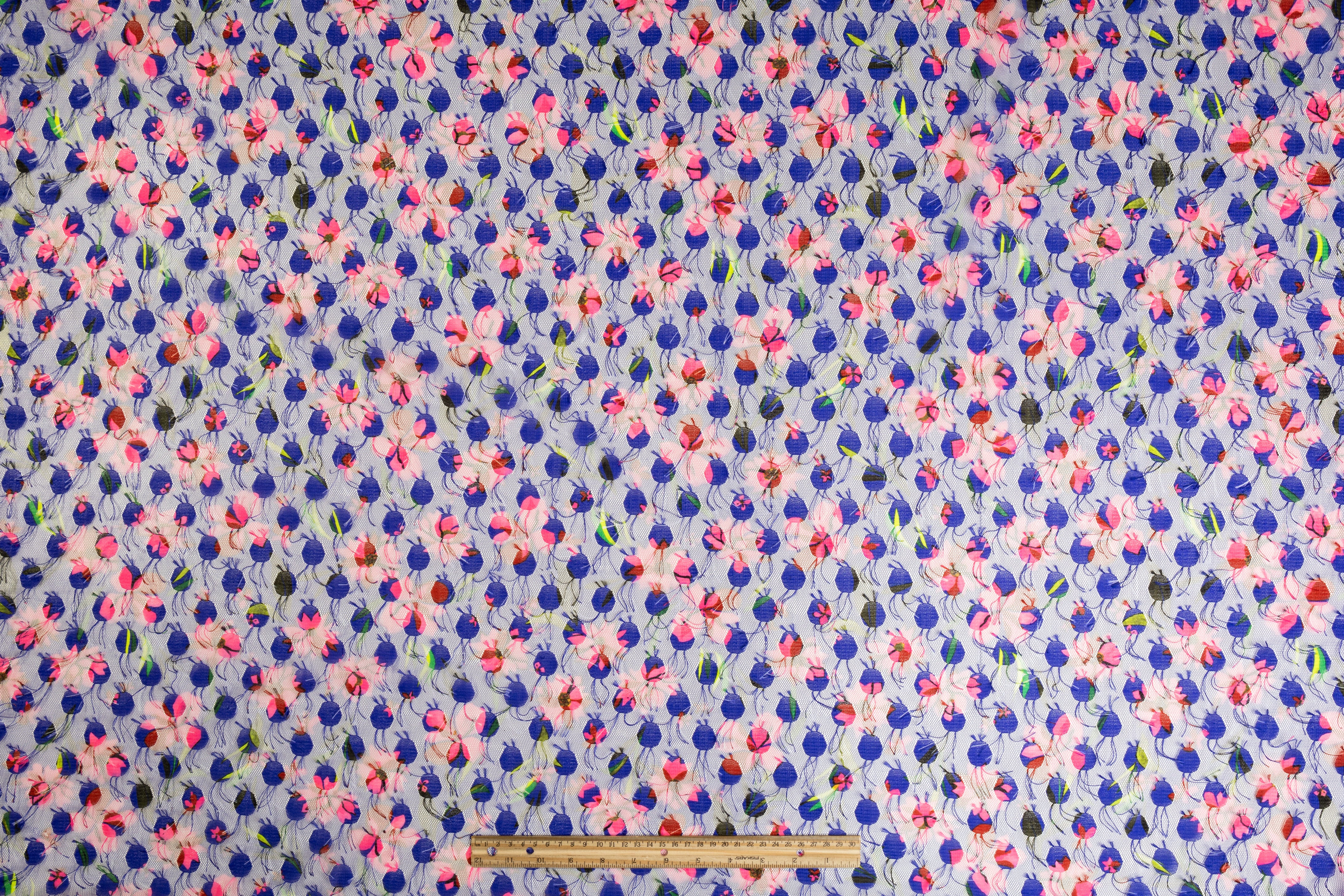 Printed Embroidered Mesh - Blue / Pink / Green